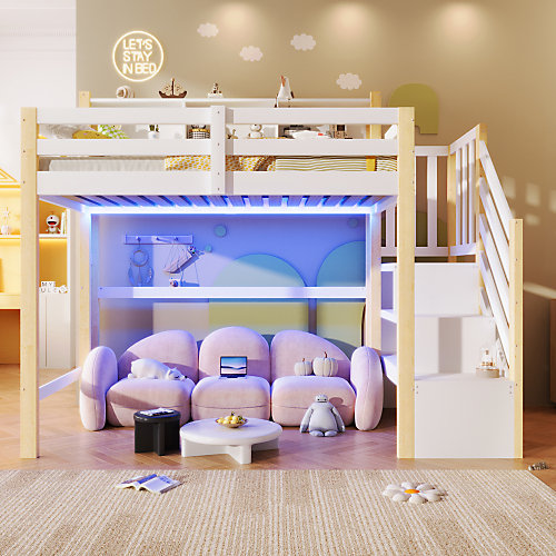 Lit mezzanine 90x200cm avec LED - avec échelle de rangement - compartiments de rangement - Blanc   Naturel (sans matelas)
