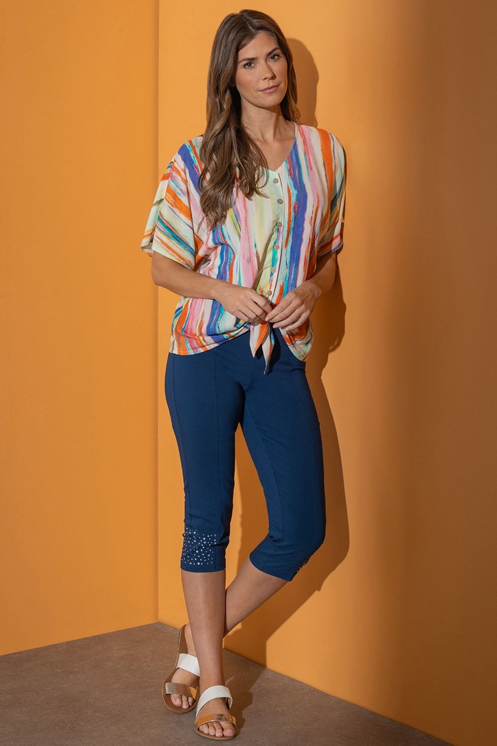 Klass. Painted Stripe Tie Front Top