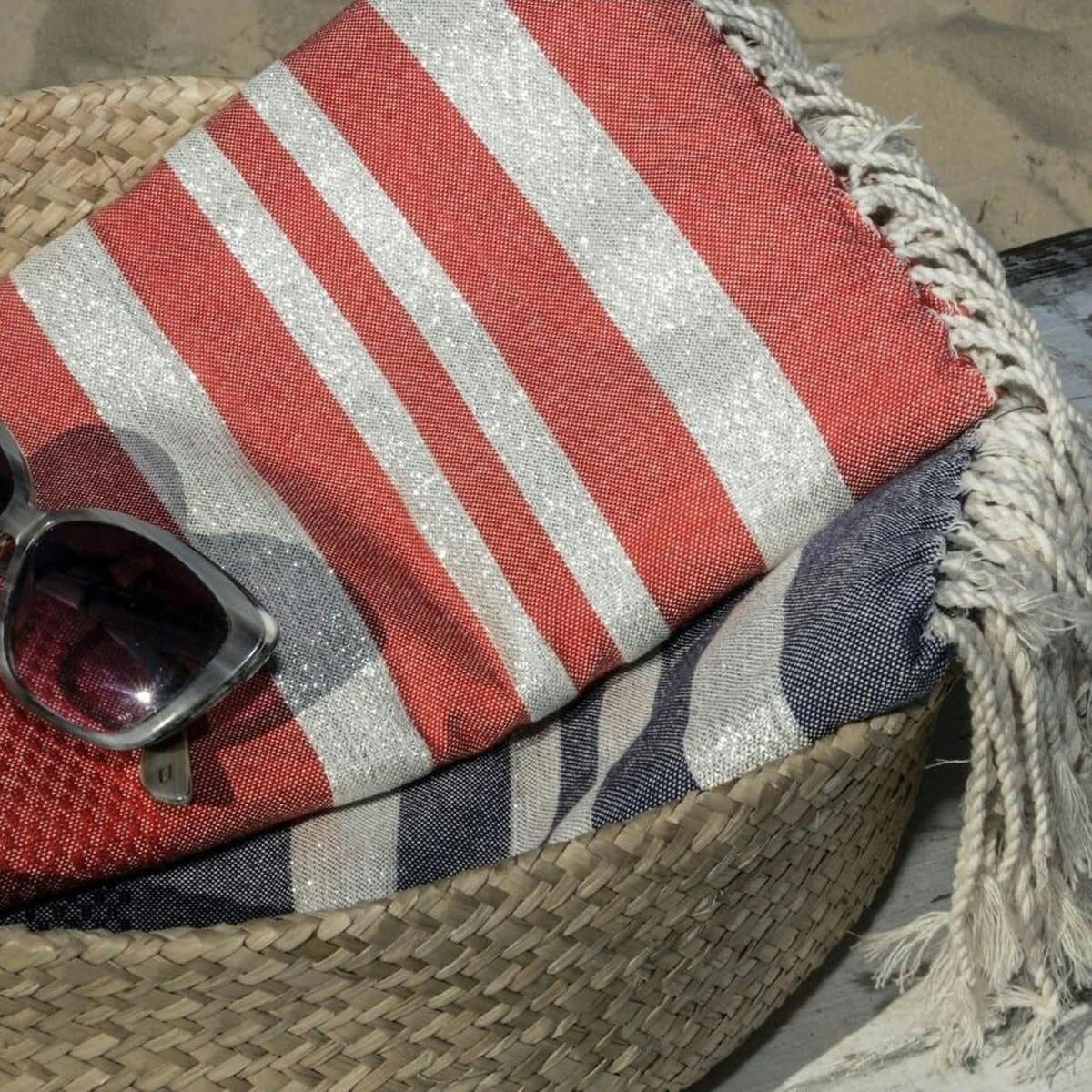 HAMPTONS - Fouta lurex coton  100x200 rouge / argent