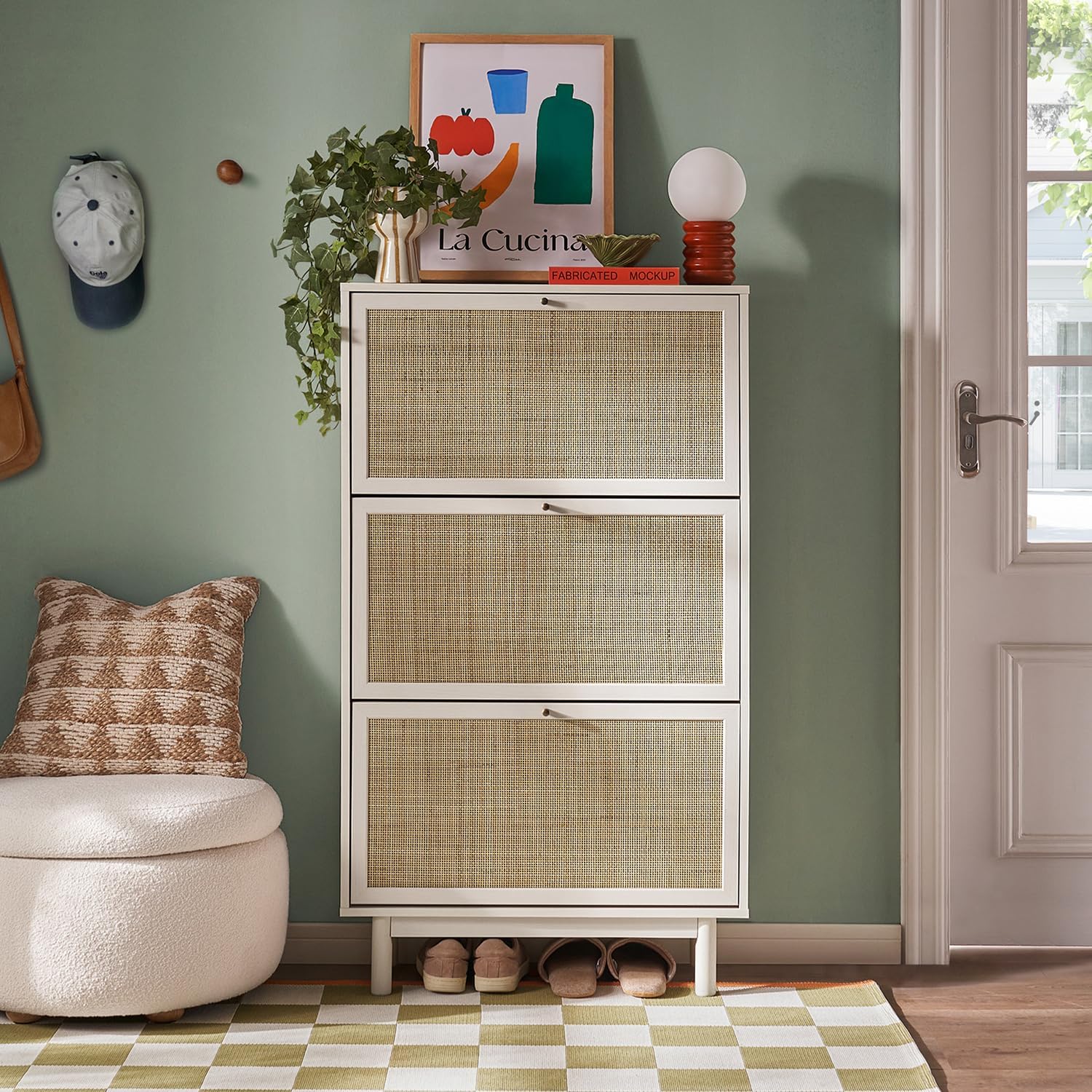 mopio Hannah Shoe Cabinet, Natural Rattan Farmhouse Shoe Storage Organizer, 3 Door Closet Rack for Entryway, Spacious Hallway Storage Cabinet with Doors & Shelves, Sturdy Solid Wood Legs (Whitewash)