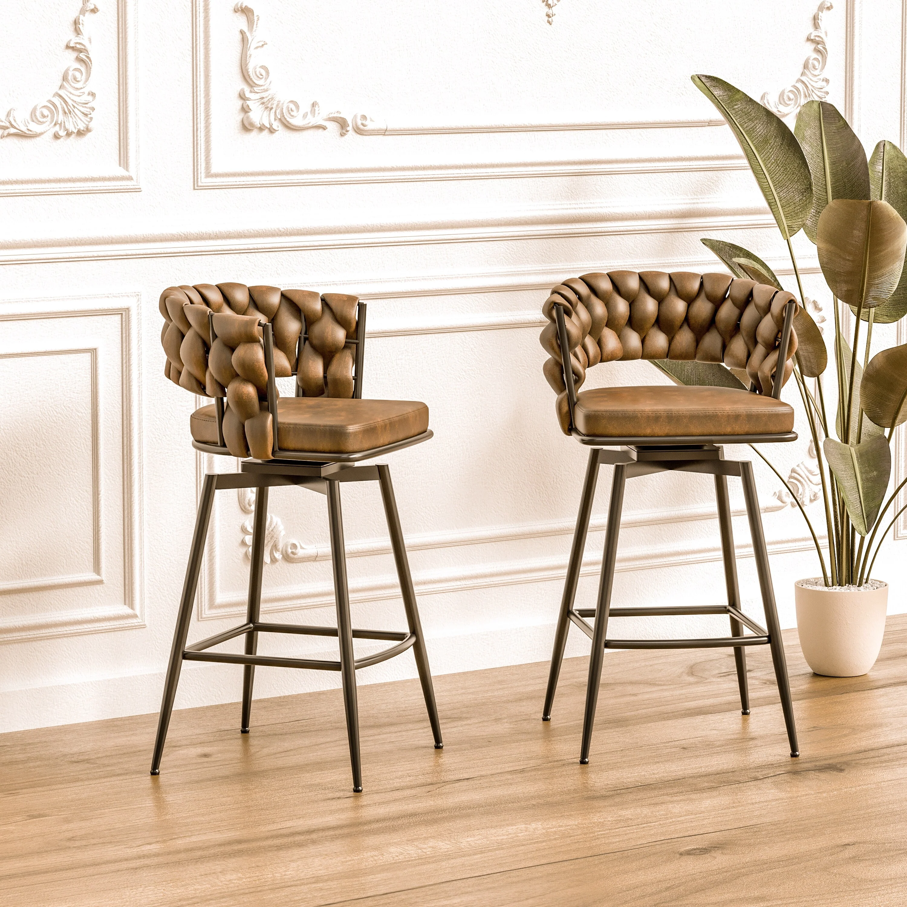 28 Brown Woven Technical Leather Bar Stools with Swivel & Footrest - Set of 2, Kitchen Island Chairs