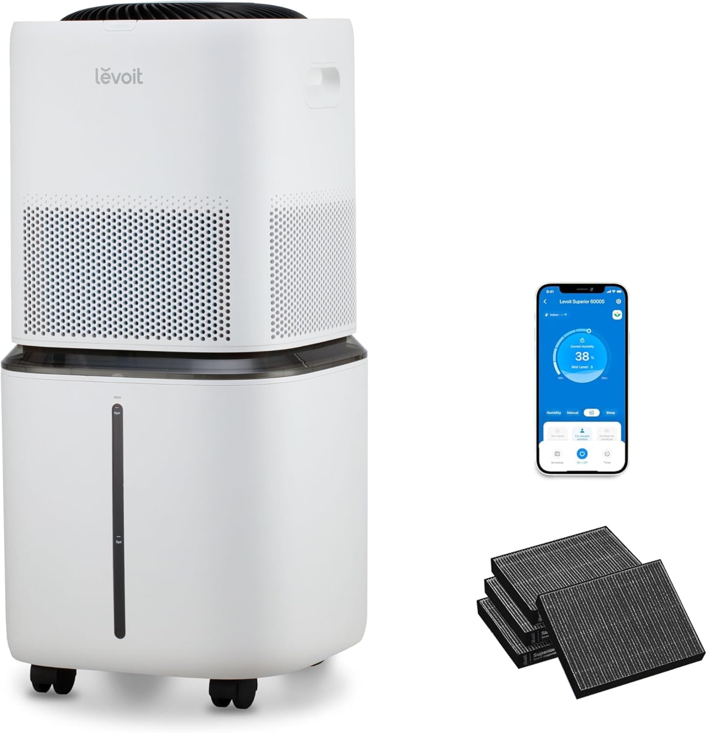 LEVOIT Superior 6000S Smart Evaporative Humidifiers for Home Whole House up to 3000ft², 23L, Last 72-Hour, Premium Filter, Dry Mode, Wheels & Water Fill Hose, Foldable Storage, Sleep Mode, New Edition