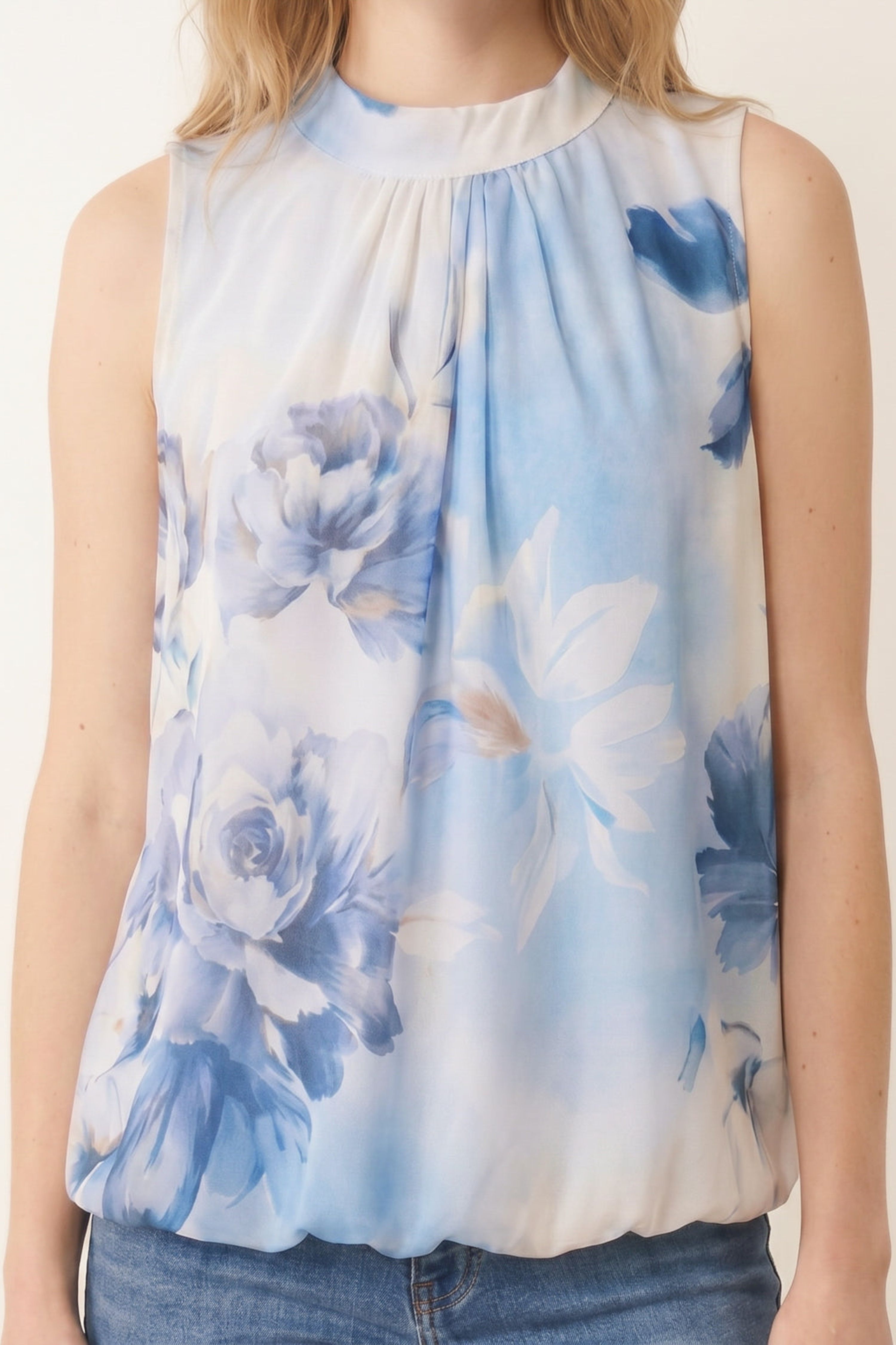 Blue Vanilla Blue Sleeveless High Neck Puffball Blouse