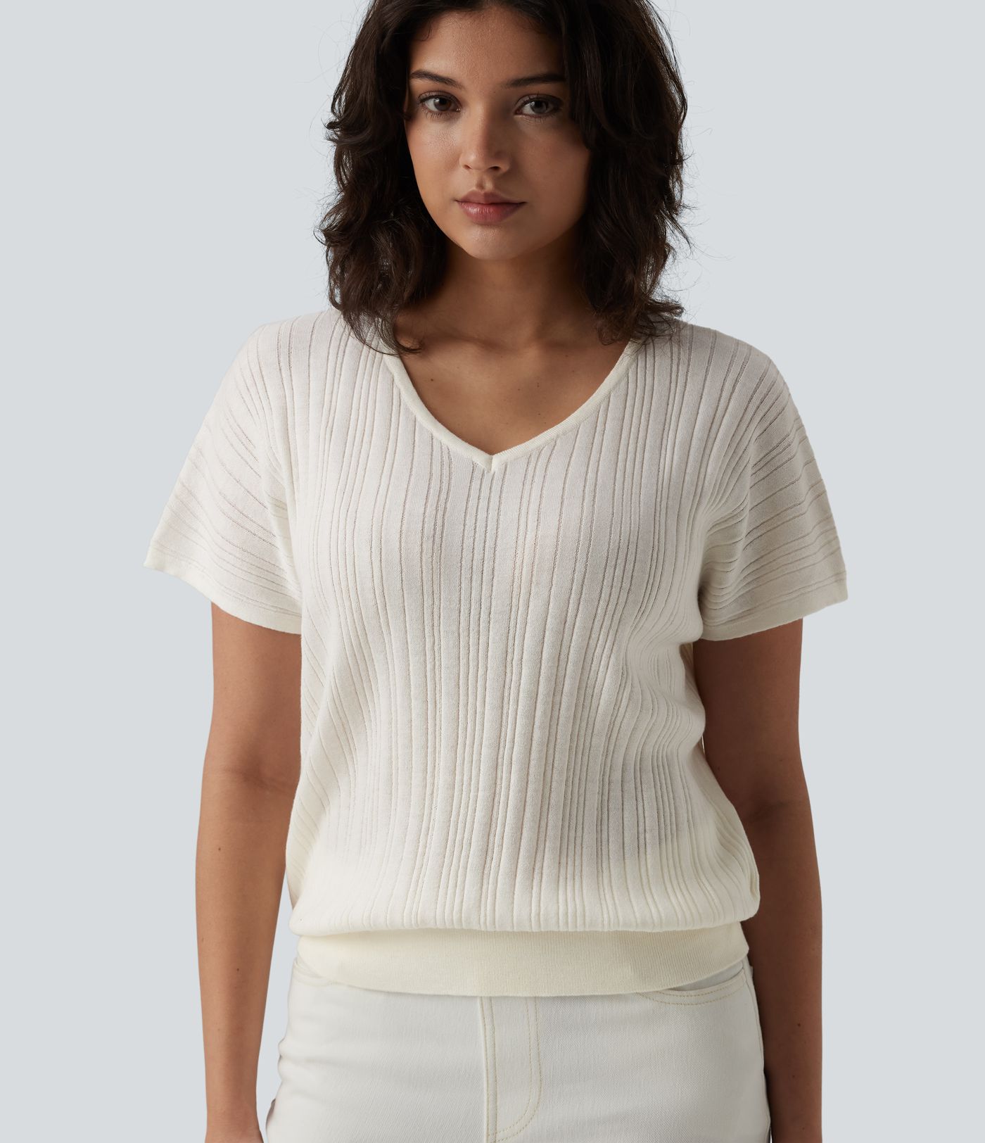 Pull casual col V manches courtes mélange laine