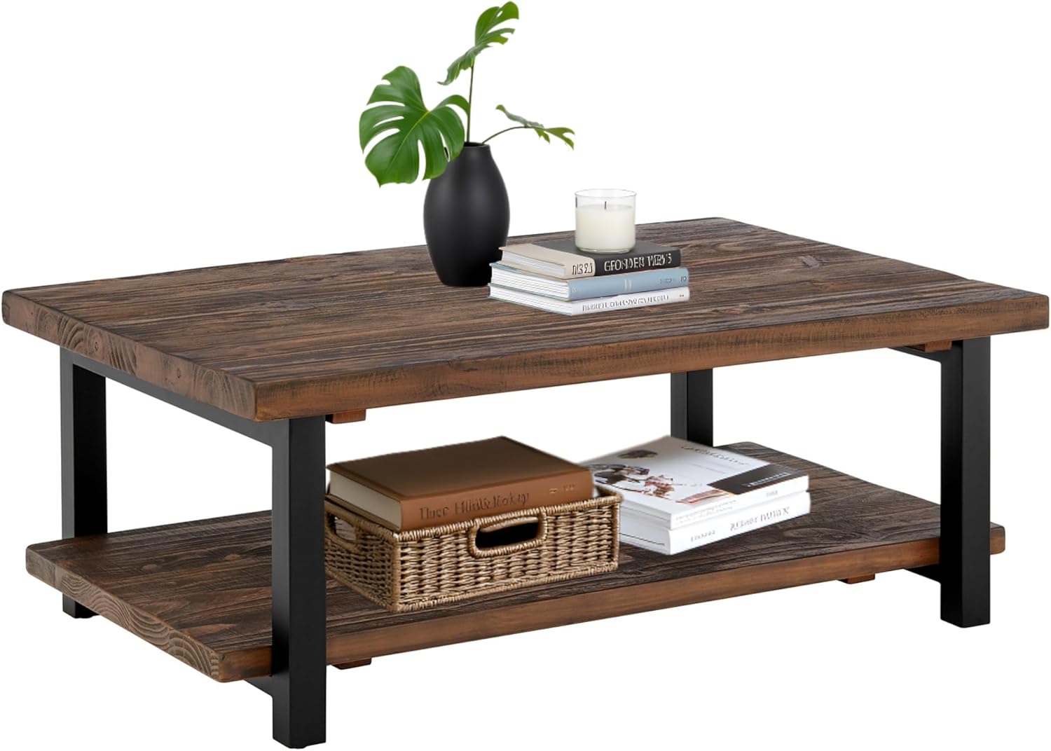 Alaterre Furniture Pomona Living Room 48 Inch Rectangular Solid Wood Coffee Table with Storage Shelf & Metal Legs – Rustic Industrial Farmhouse Large Living Room Table (Rustic Brown)