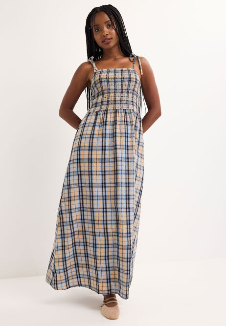 Womens Blue & Tan Check Print Strappy Midi Dress