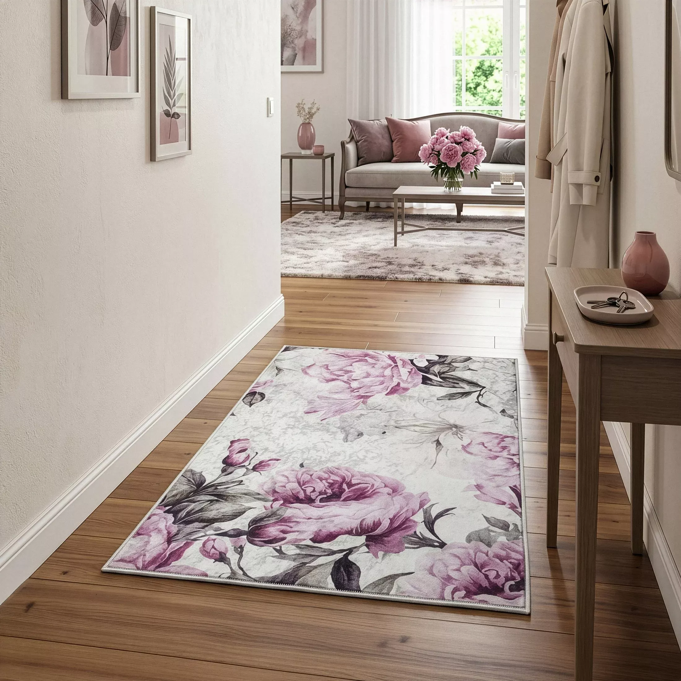 Dywan 160x220 cm różowo, kremowy z motywem kwiatu peonii LOTUS 2