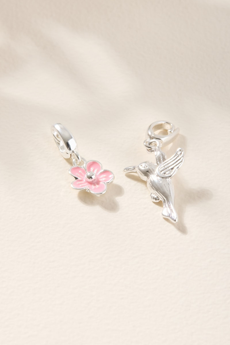 Humming Bird and Flower Charm Set Silver
