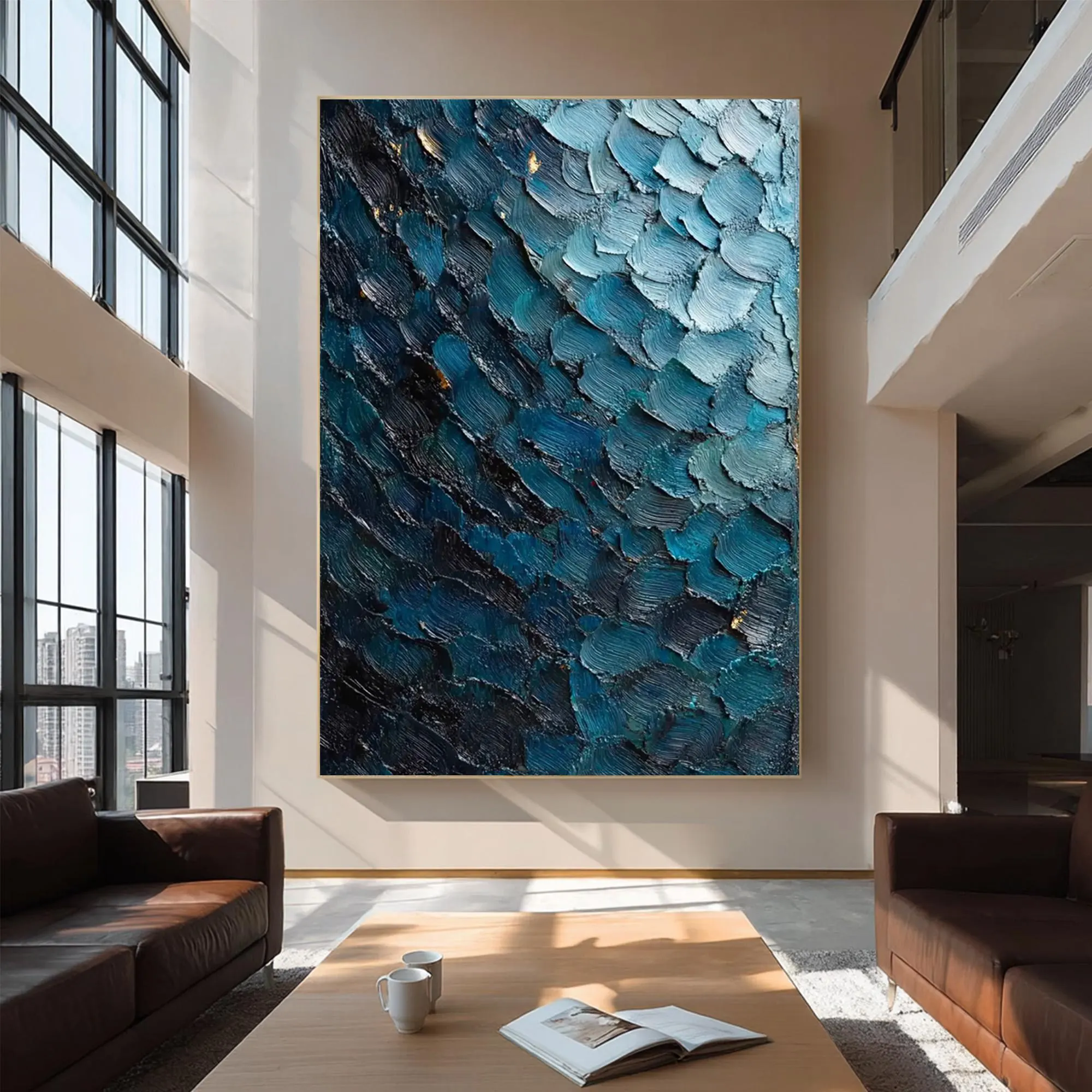 Original Textured Oil Painting on Canvas, Textured Abstract Oil Painting,Dark Blue Cyan Painting, Large Wall Art,High-end Home Decor