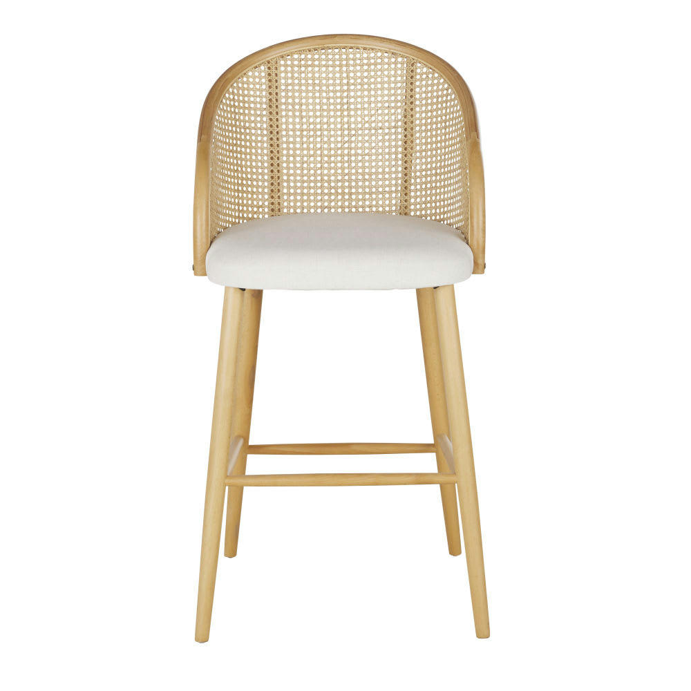 Sockette - Chaise de bar écrue en bois de hêtre et cannage en rotin beige H75