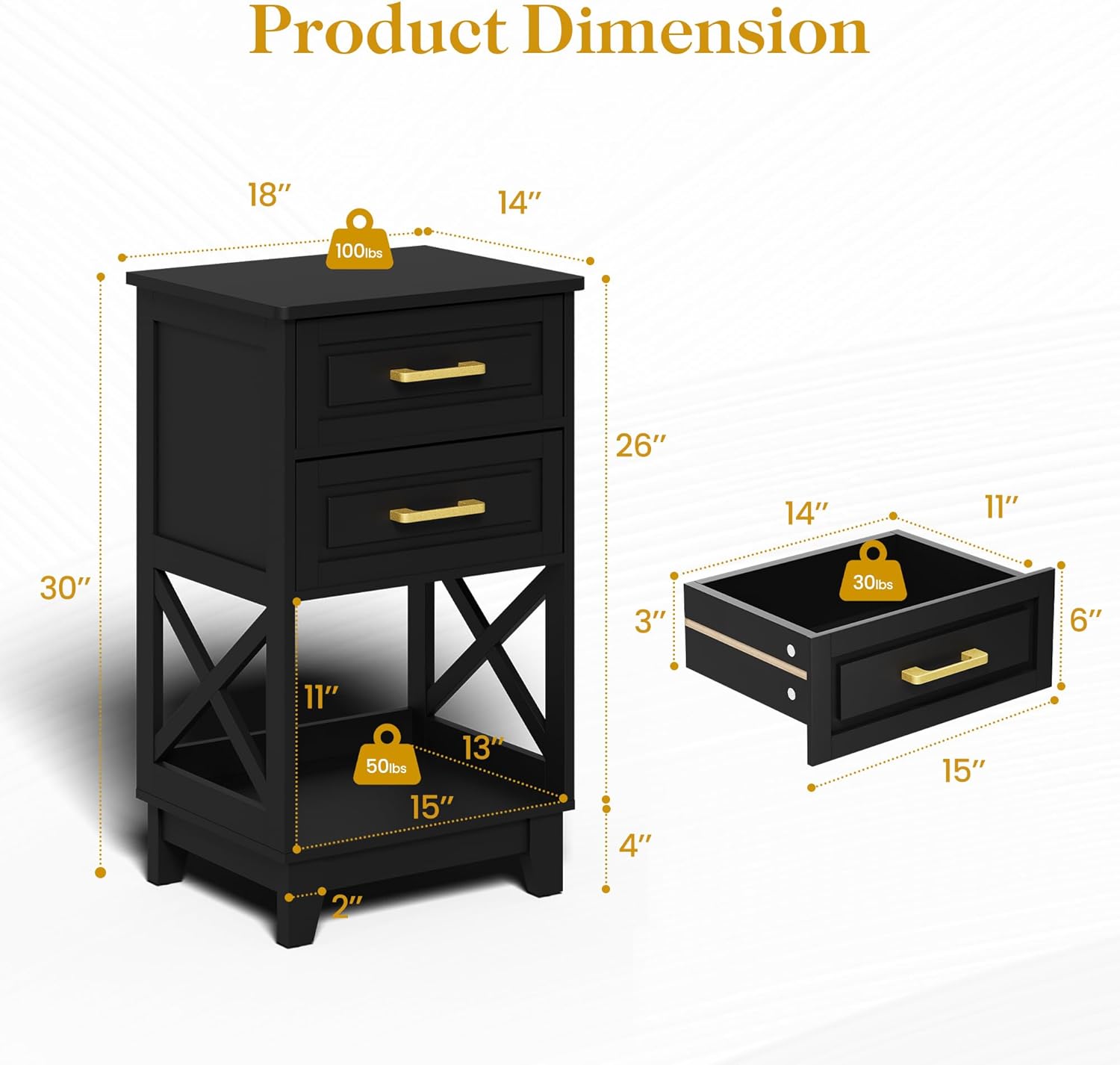 RoyalCraft 30'' Tall Nightstand Set of 2, Modern Painted Bedside Table with 2 Drawers and Open Shelf Below, Wood Side Table for Bedroom, Home Office, Black