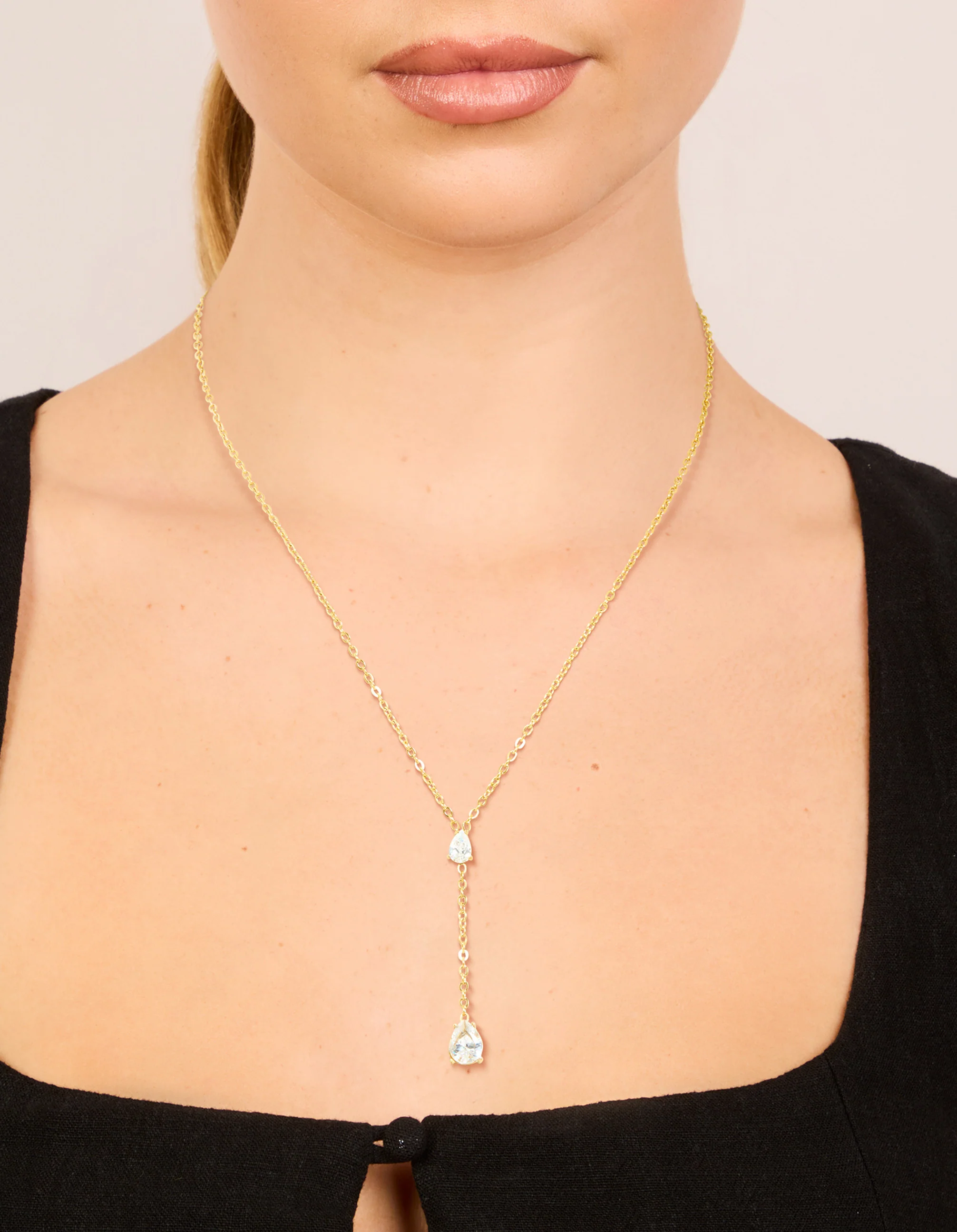Waterproof Gold Plated Stainless Steel Cubic Zirconia Teardrop Y-Necklace