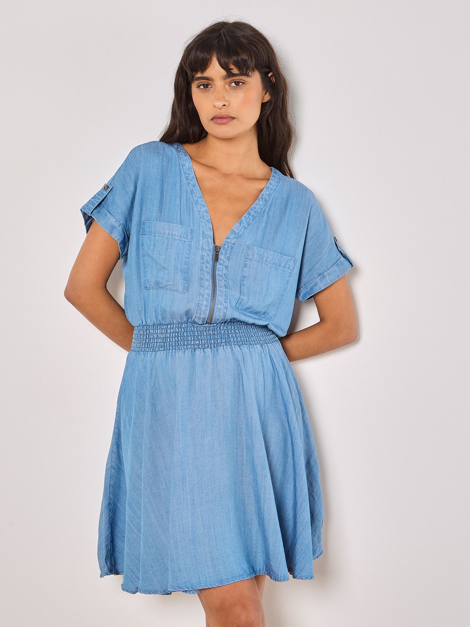 Apricot Denim Smocked Mini Dress