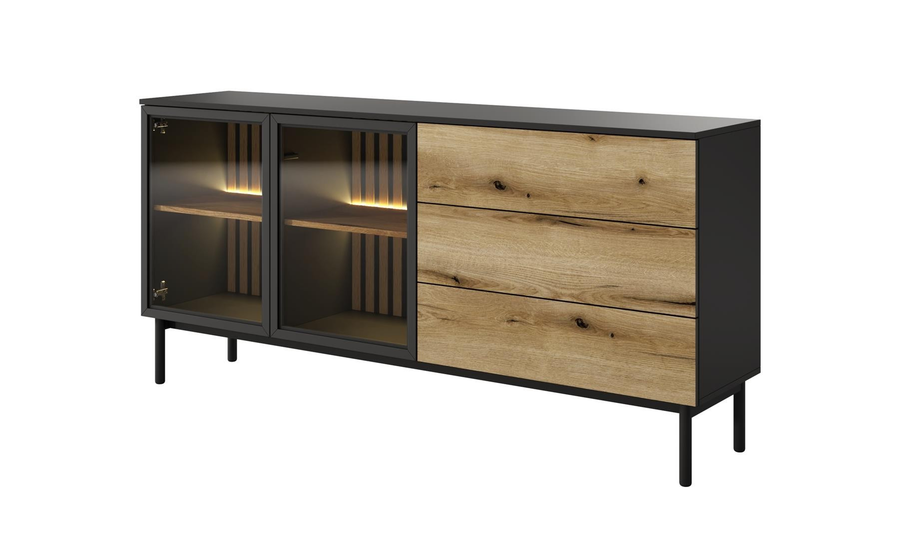 Komoda z oświetleniem LED LANGO 180cm Czarny   Dąb Evoke