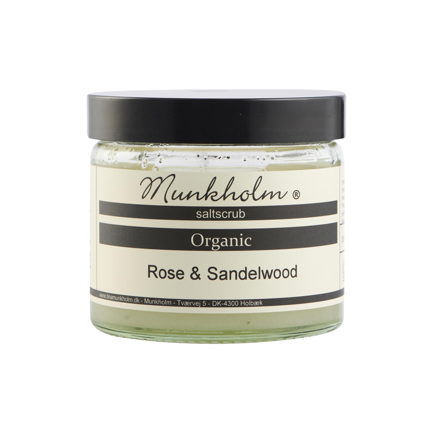 økologisk saltskrub, rose & sandalwood