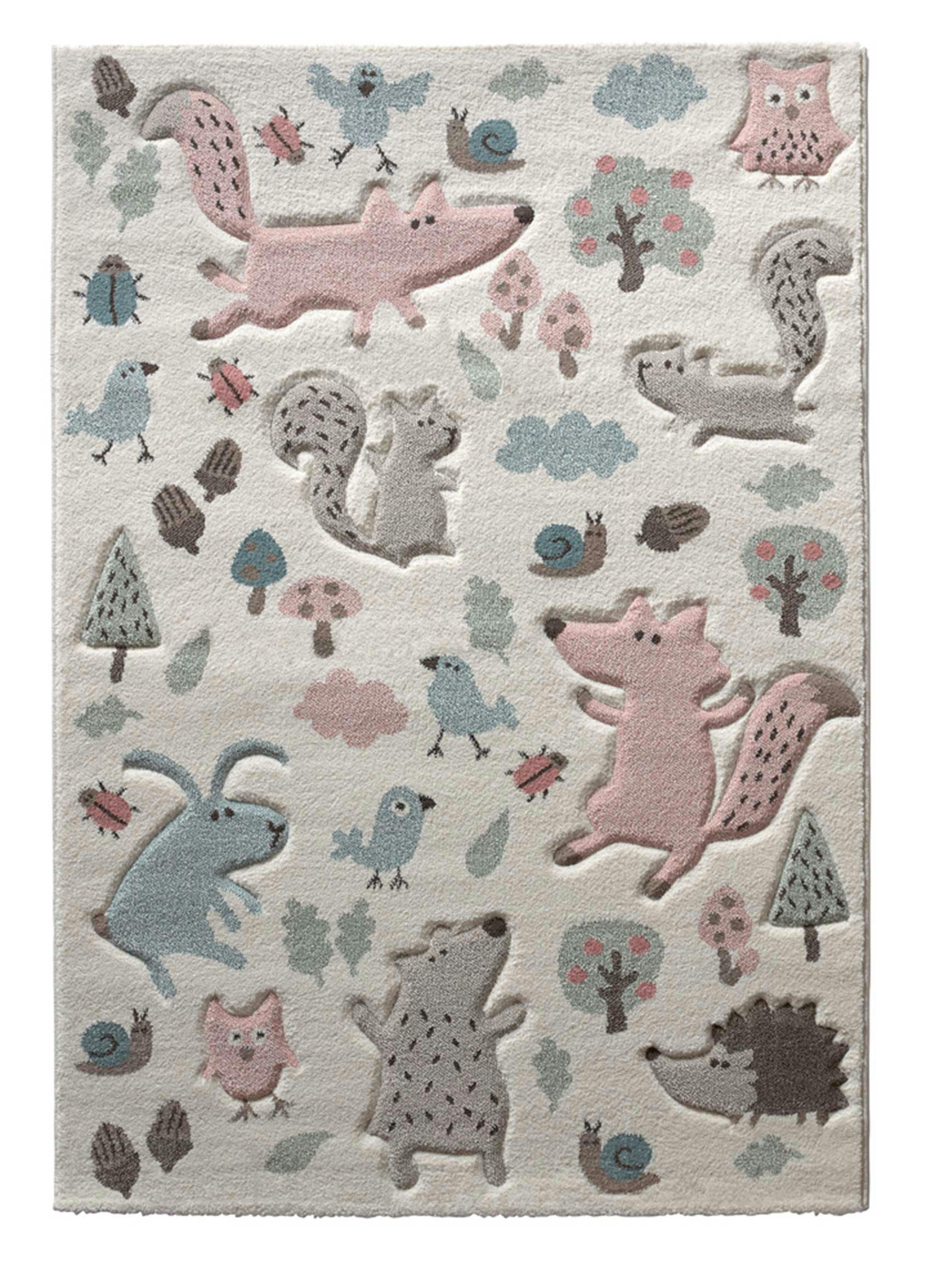 FOREST - Tapis enfant motif animaux forêt écru rose 160x225
