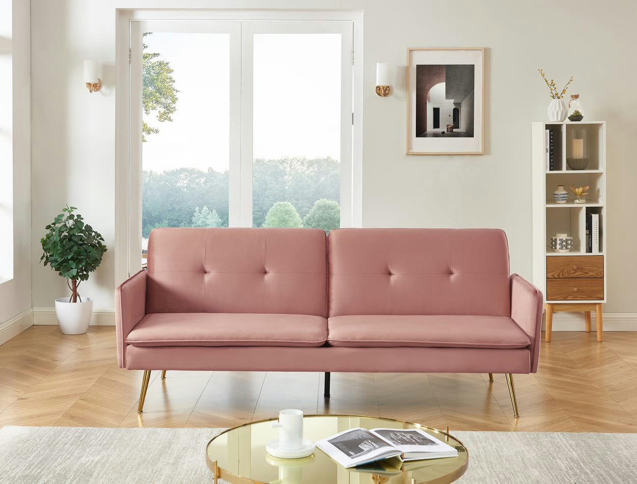 ADAM - Canapé droit convertible en velours 3 places rose poudré