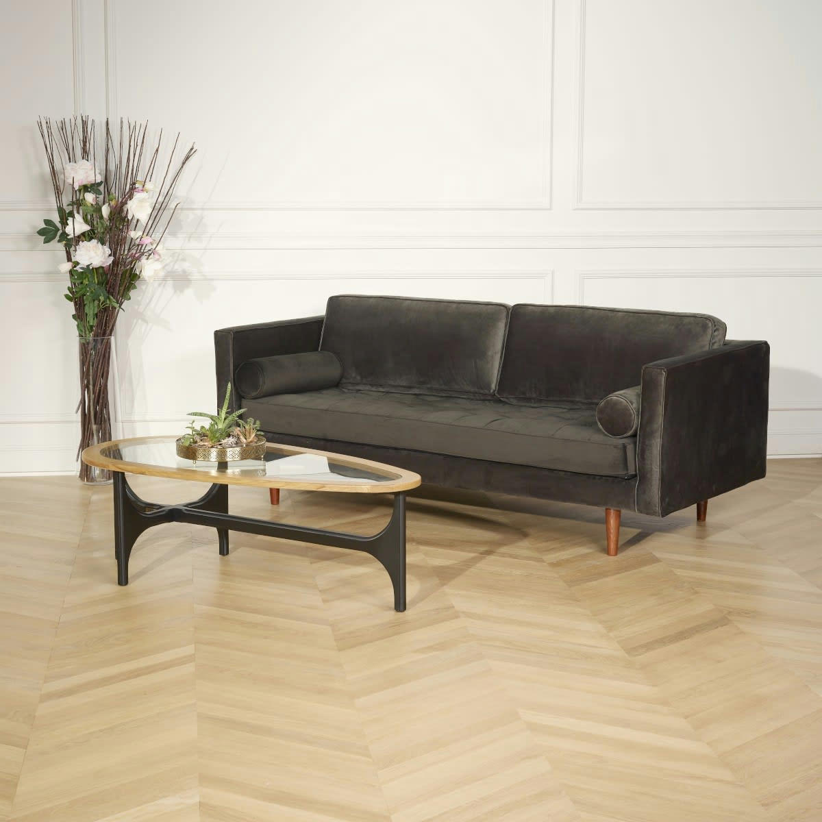 JONAS - Canapé en velours 3 places gris souris