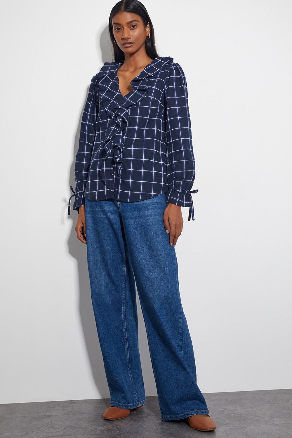 Monsoon Frankie Check Print Ruffle Blouse Blue