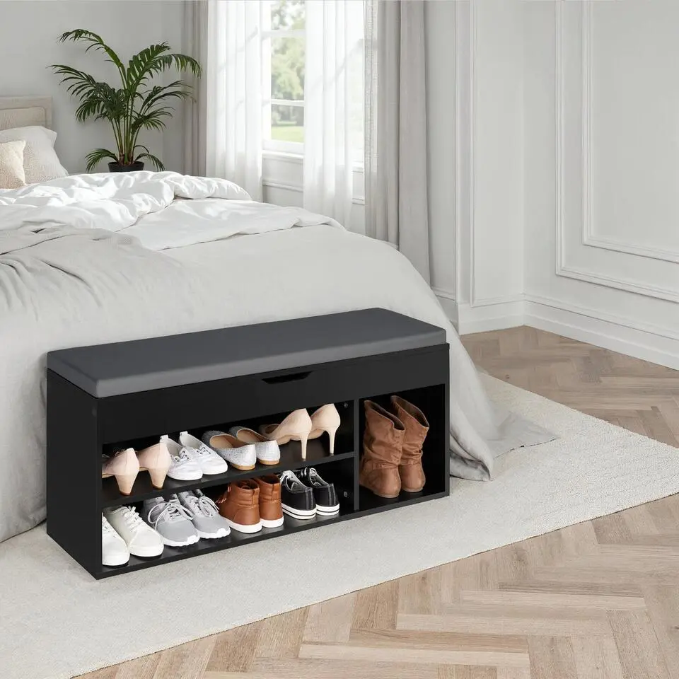 tectake Schoenenkast Natalya met zitkussen 104x30x49cm, Zwart