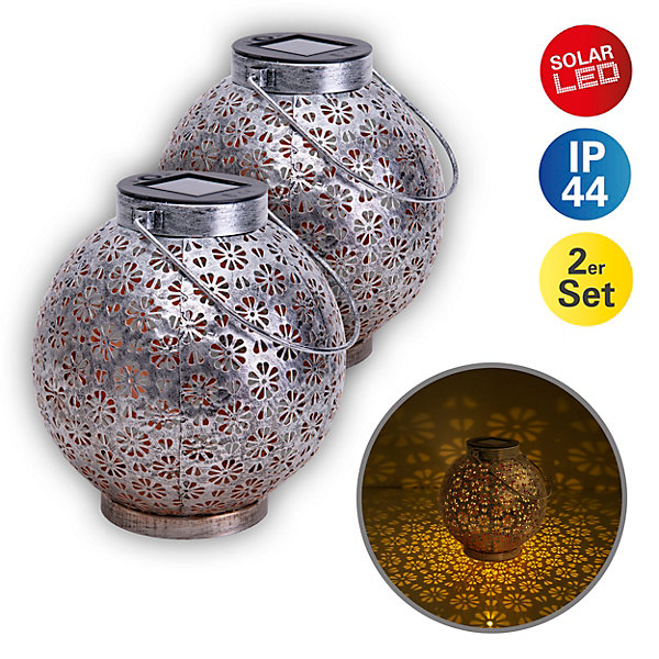 Lot de 2 lampes LED décoratives solaires D: 18 cm Décoration extérieure en métal argenté avec LED intégrées