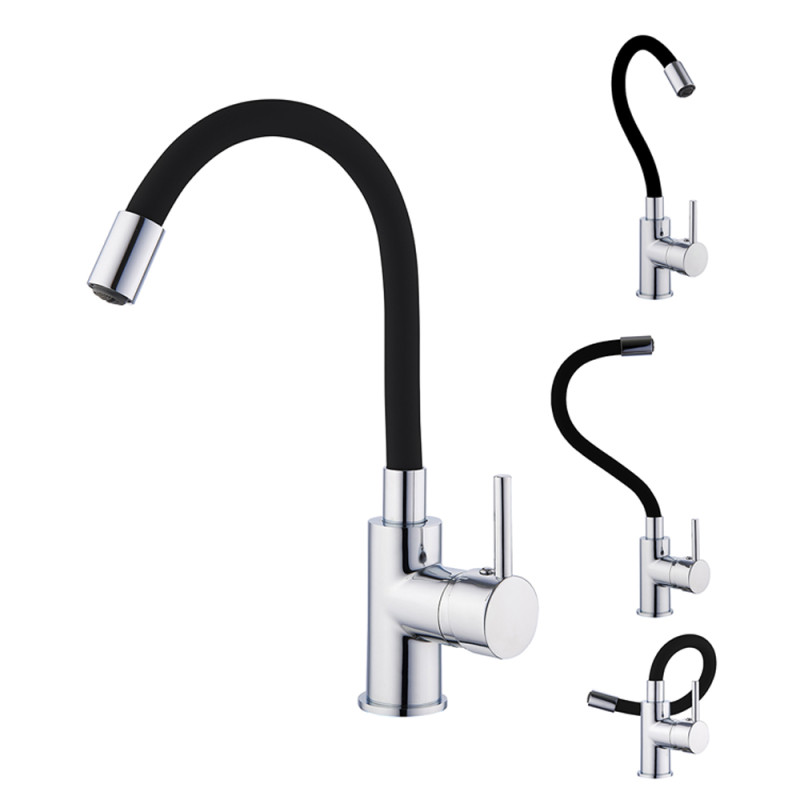 Mitigeur pour évier de cuisine Ilo avec bec articulé à mémoire de forme et vidage chrome et noir ROUSSEAU