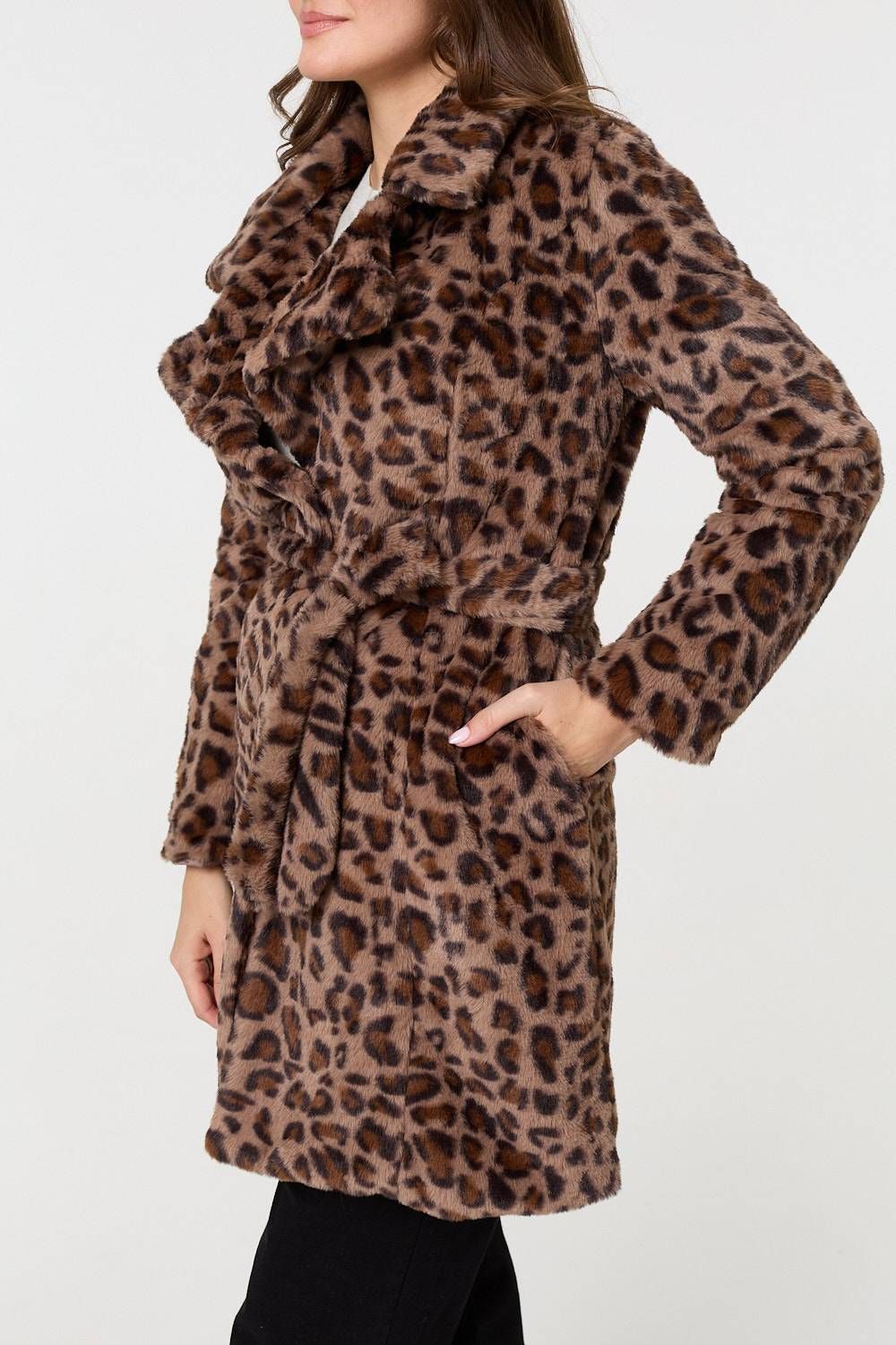 Izabel London Animal Print Faux Fur Tie Waist Jacket