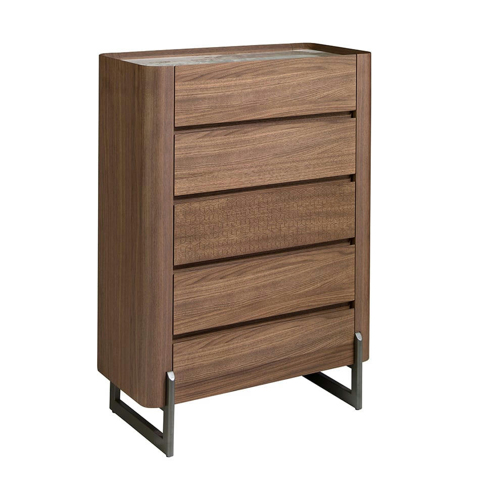 - Chiffonnier en noyer et acier avec plan en marbre de porcelaine