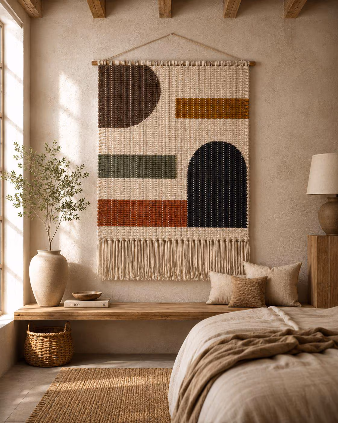 Woven Wool Wall Hanging, Geometric Textile Art, Modern Boho Home Decor