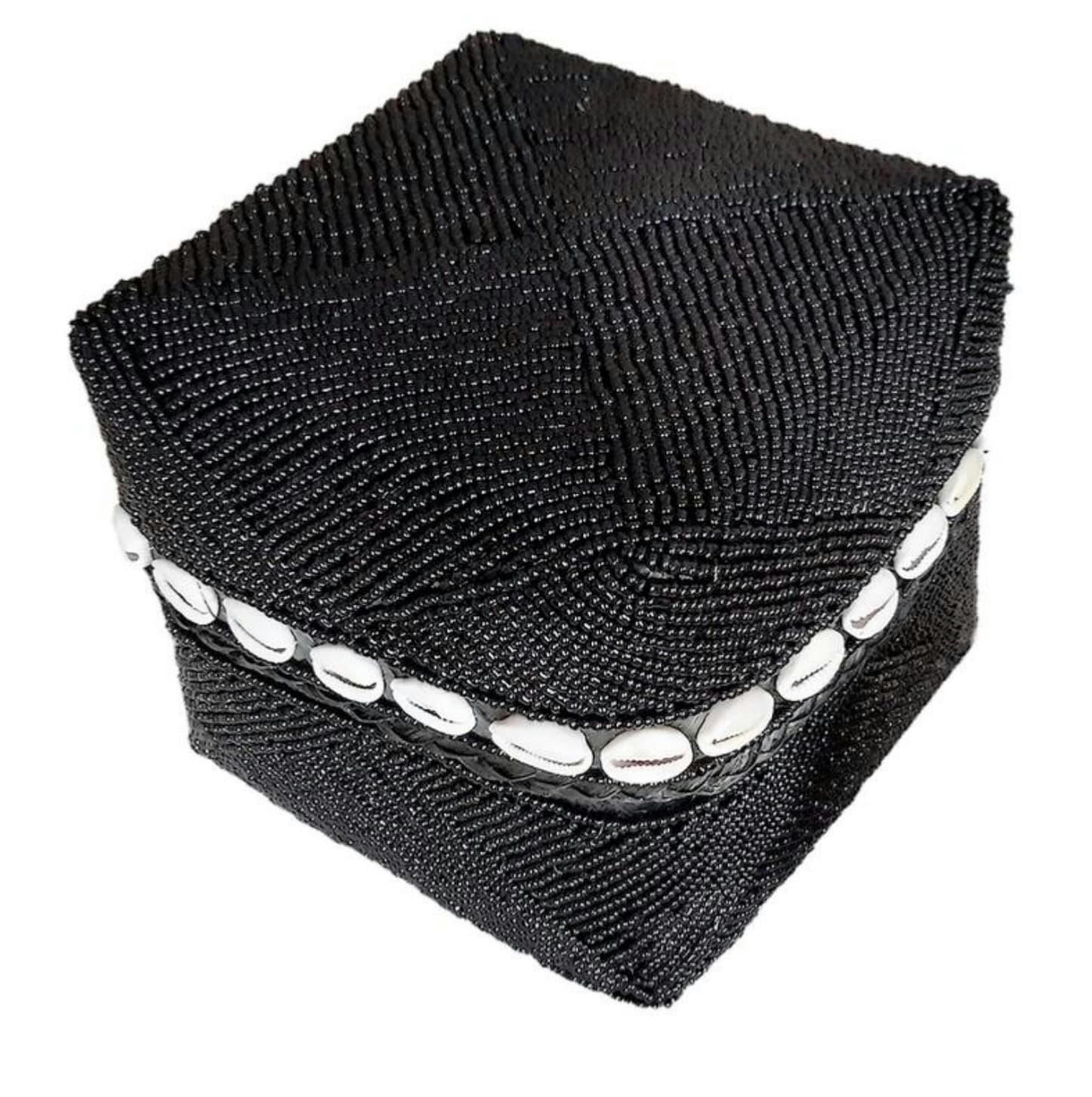 PERLA - Boîte en bambou et perles, noir 15x15 cm