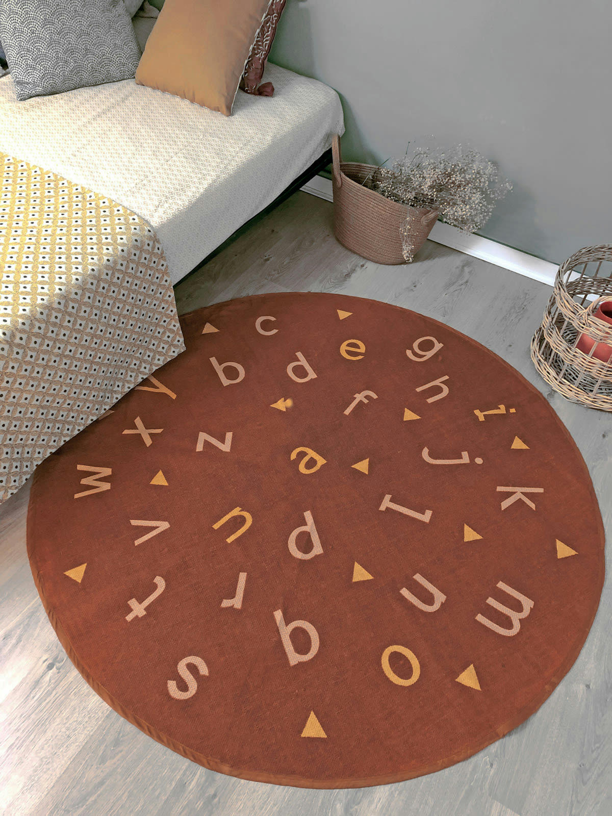 ALPHABET - Tapis enfant rond en coton terracotta 135x135
