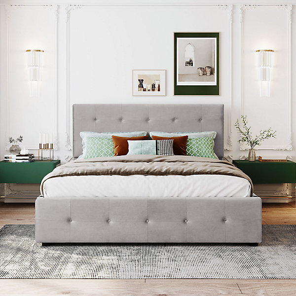 Lit Double 140x200 cm - avec 4 Tiroirs, Lit Confortable en Velours, Tête de Lit capitonnée, Gris
