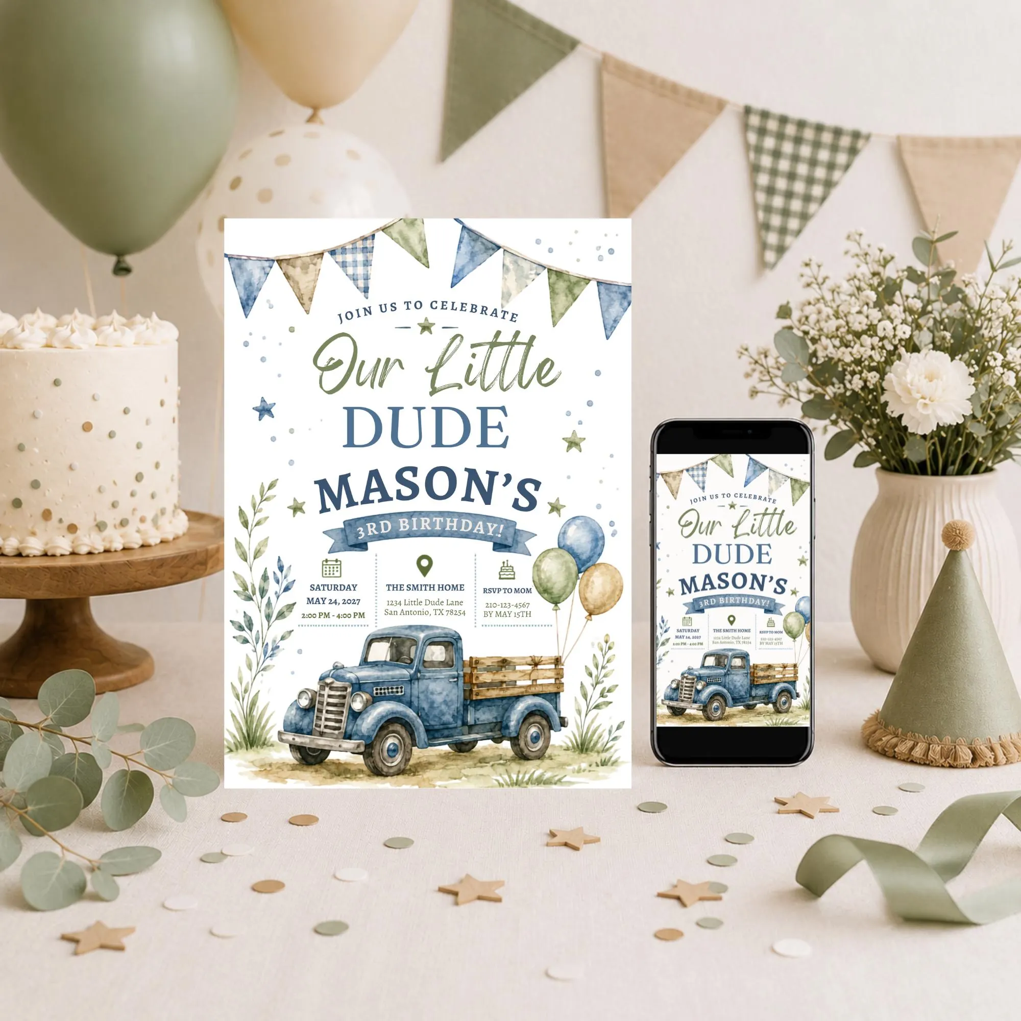 Toddler Boy's Birthday Invitation Template, Editable Canva Invitation, Mobile Invitation, Blue Truck Birthday Invite