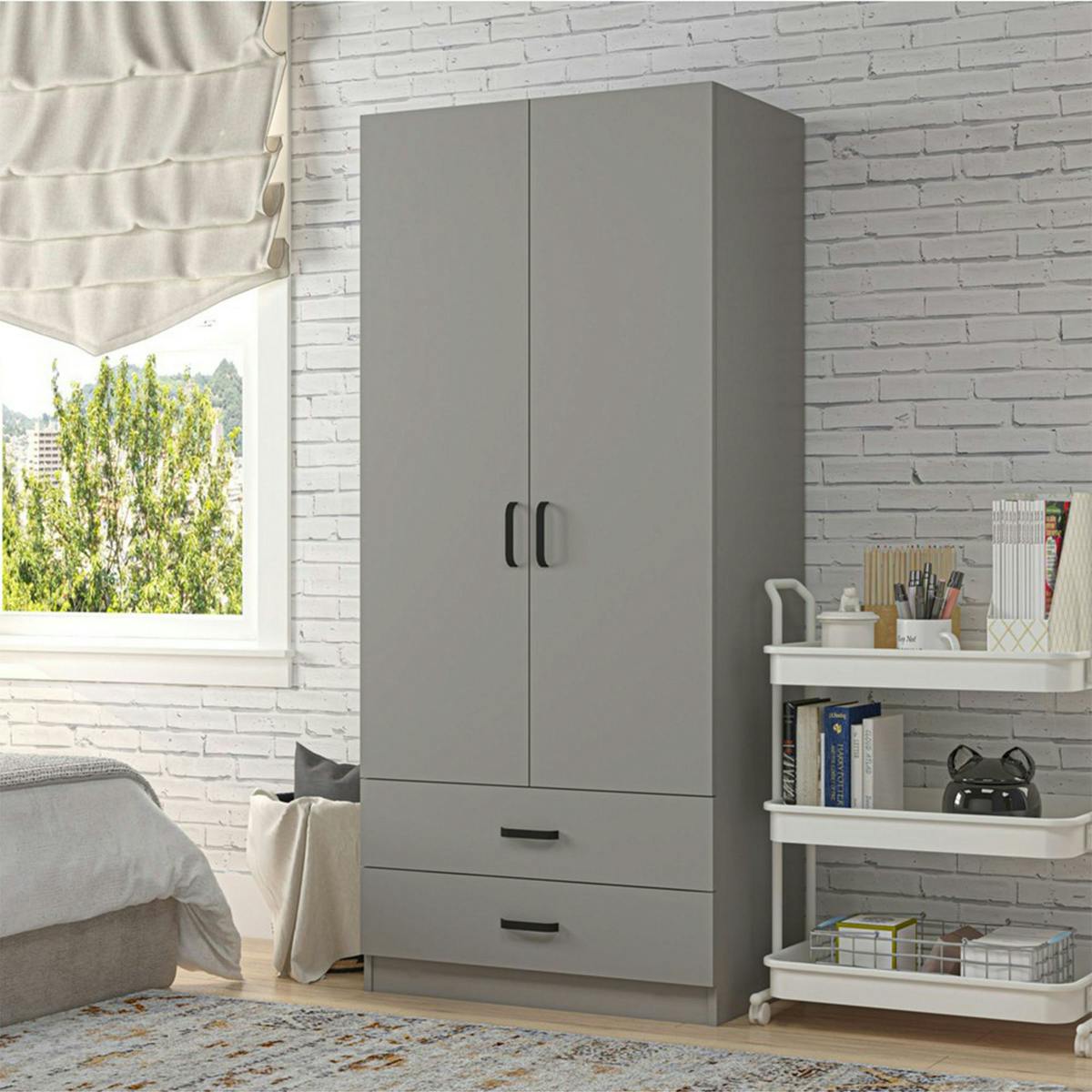 Armoire penderie grise 2 portes 2 tiroirs 80 cm BYRON