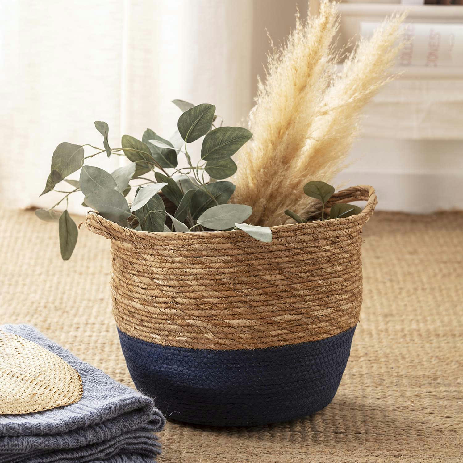 ANXO - Set de 3 paniers fibre naturelle, bleu/naturel