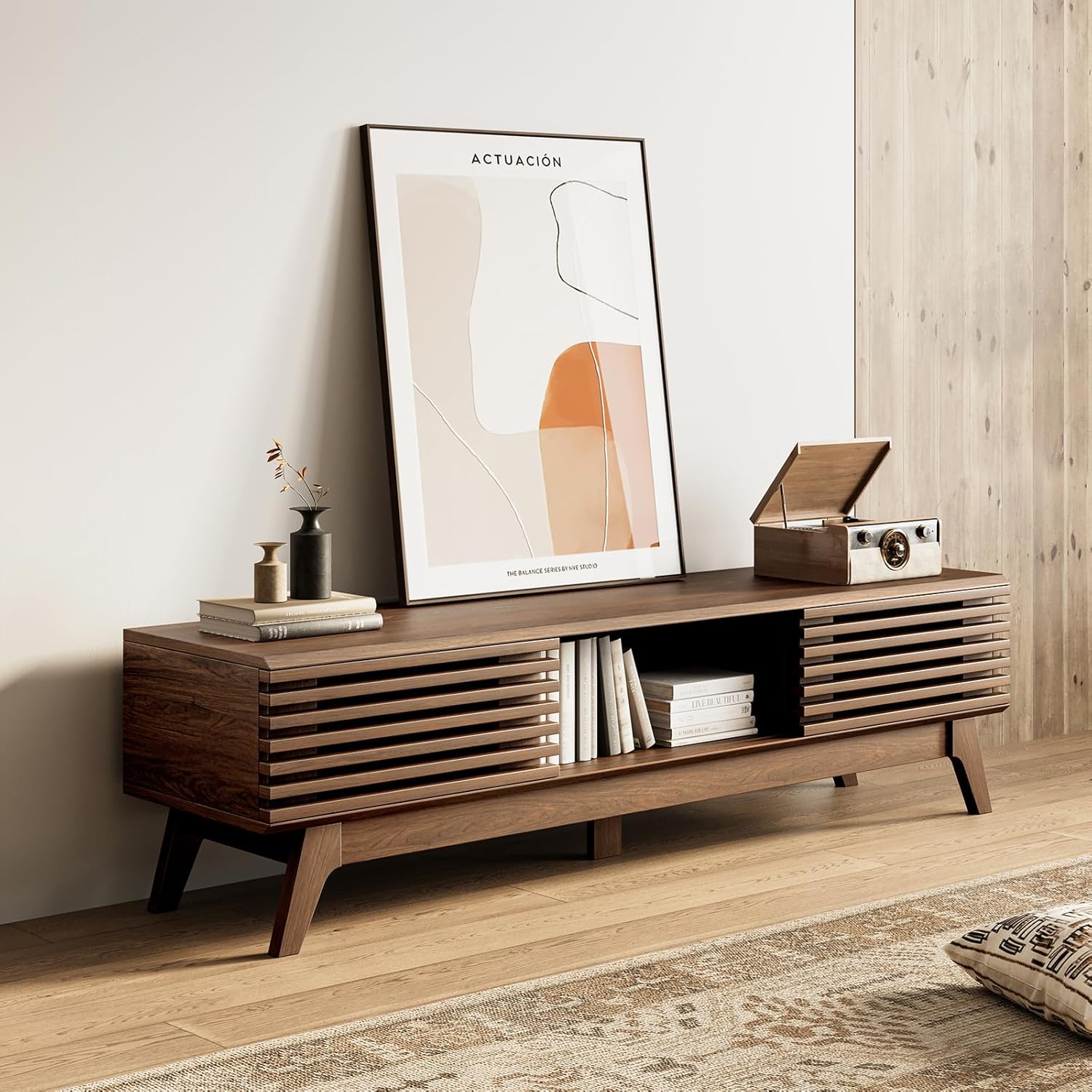 AODK 59 TV Stand for 55/60/65 TVs, Mid-Century Modern Fluted Entertainment Center with Sliding Doors, Storage Cabinets & Media Console Table, Living Room & Bedroom, Walnut