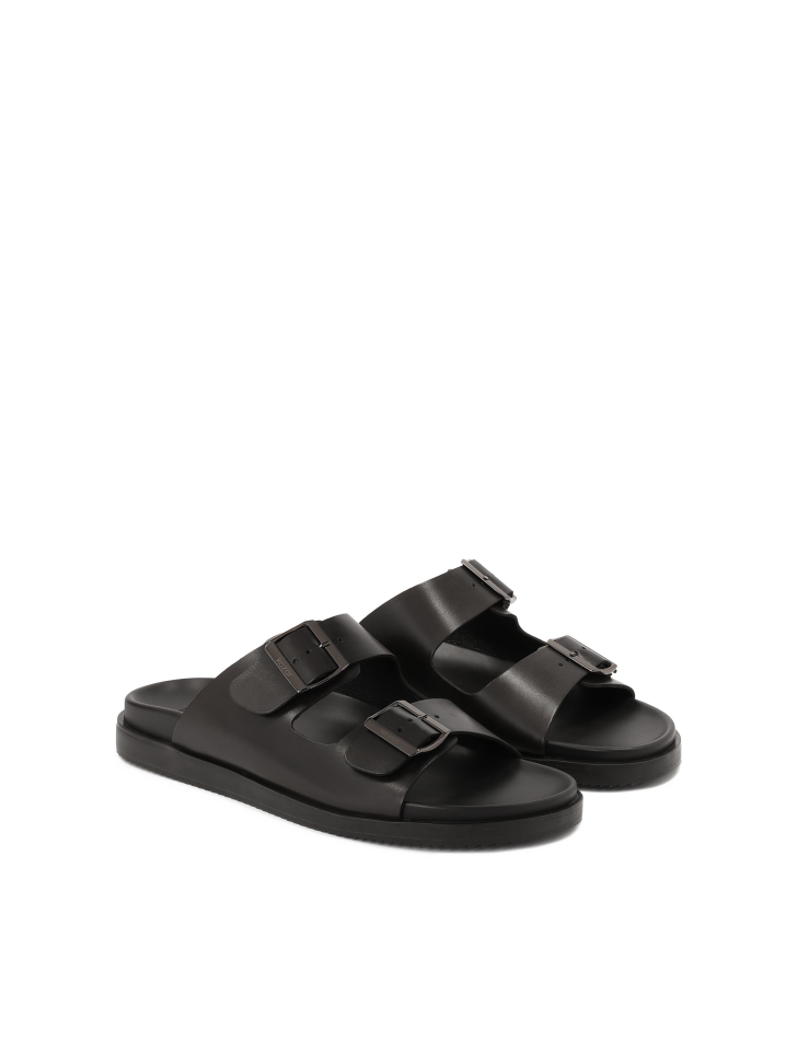 Black leather slides with buckles