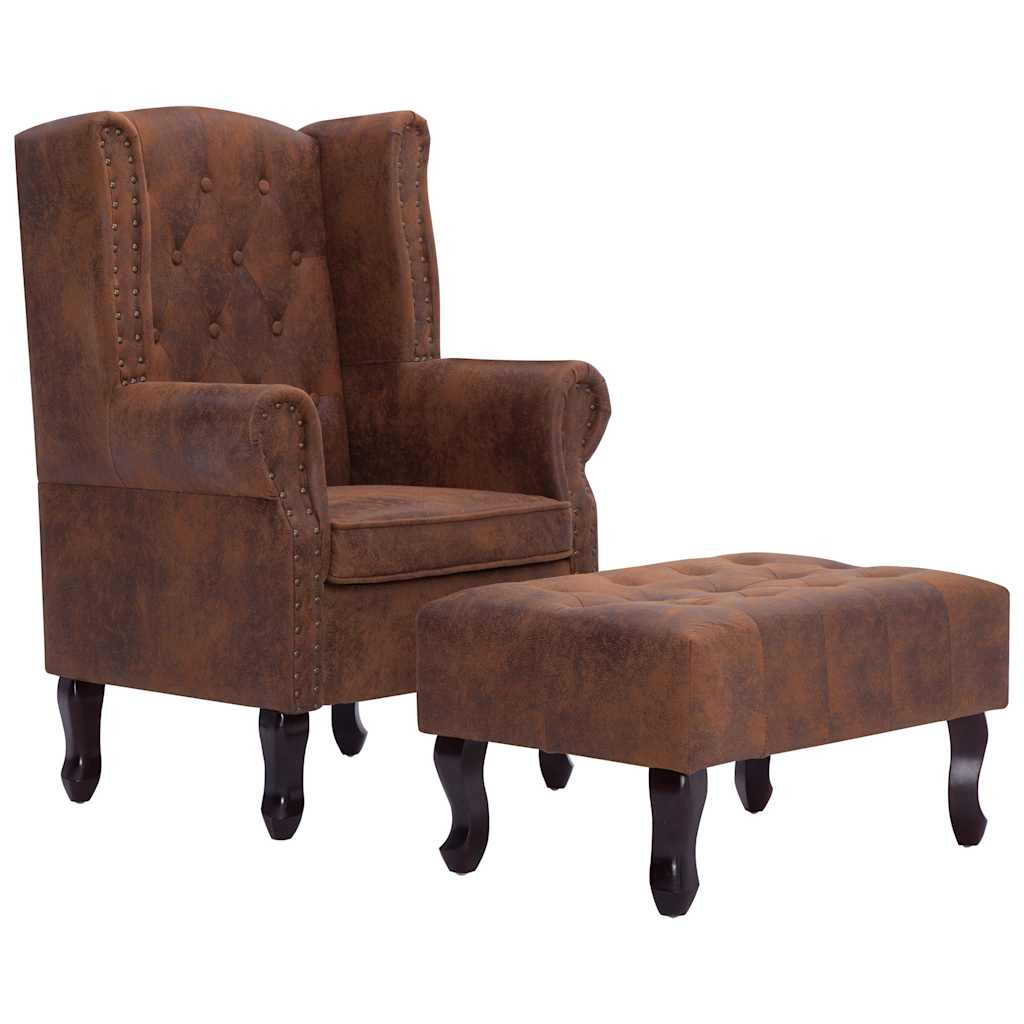 Fotel Wypoczynkowy Do Salonu Pokoju Chesterfield z podnóżkiem brązowy