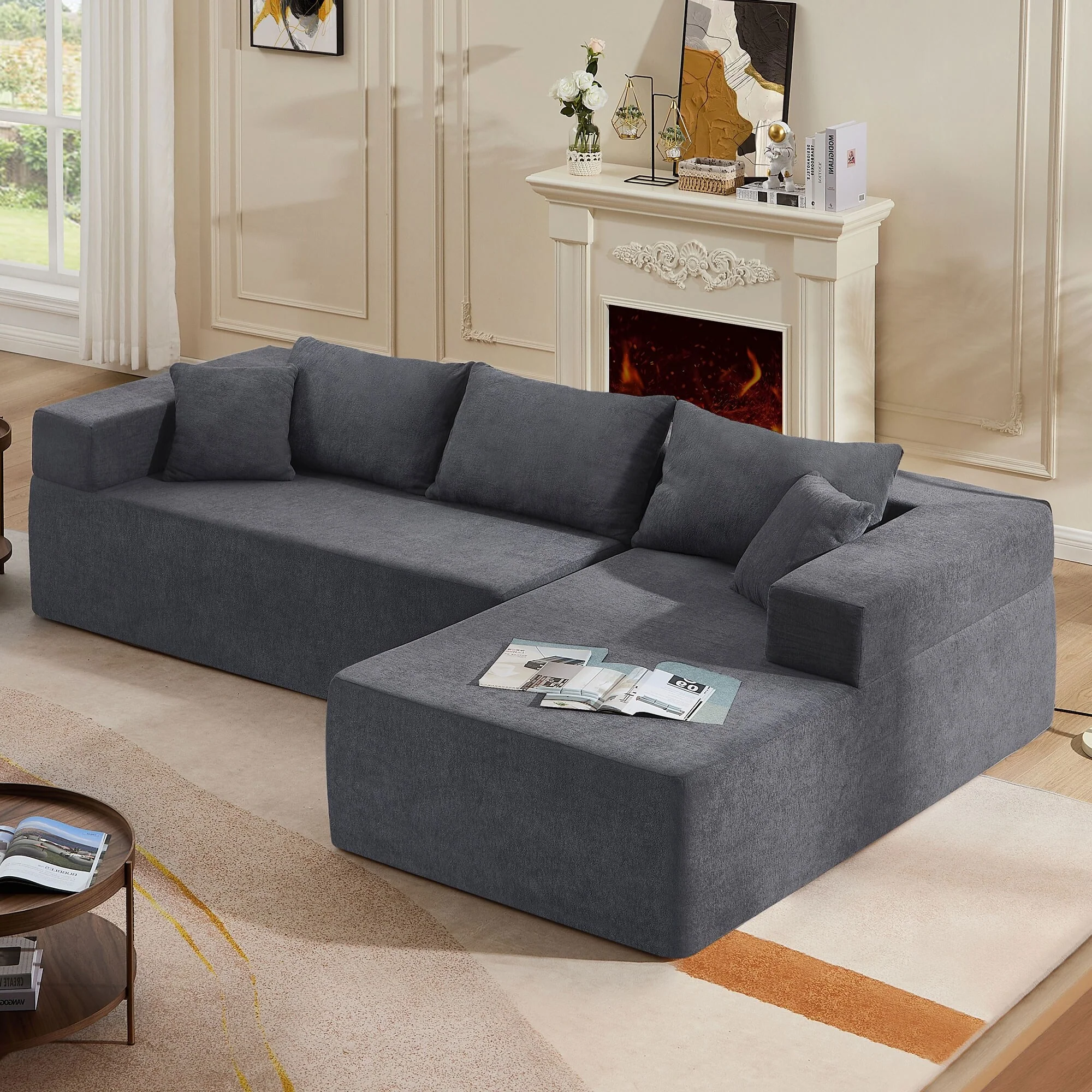 Grey 107.48'' Fabric L-Shaped 3-Seater Sectional Sofa with Chaise and 16.53 Inch Cushions