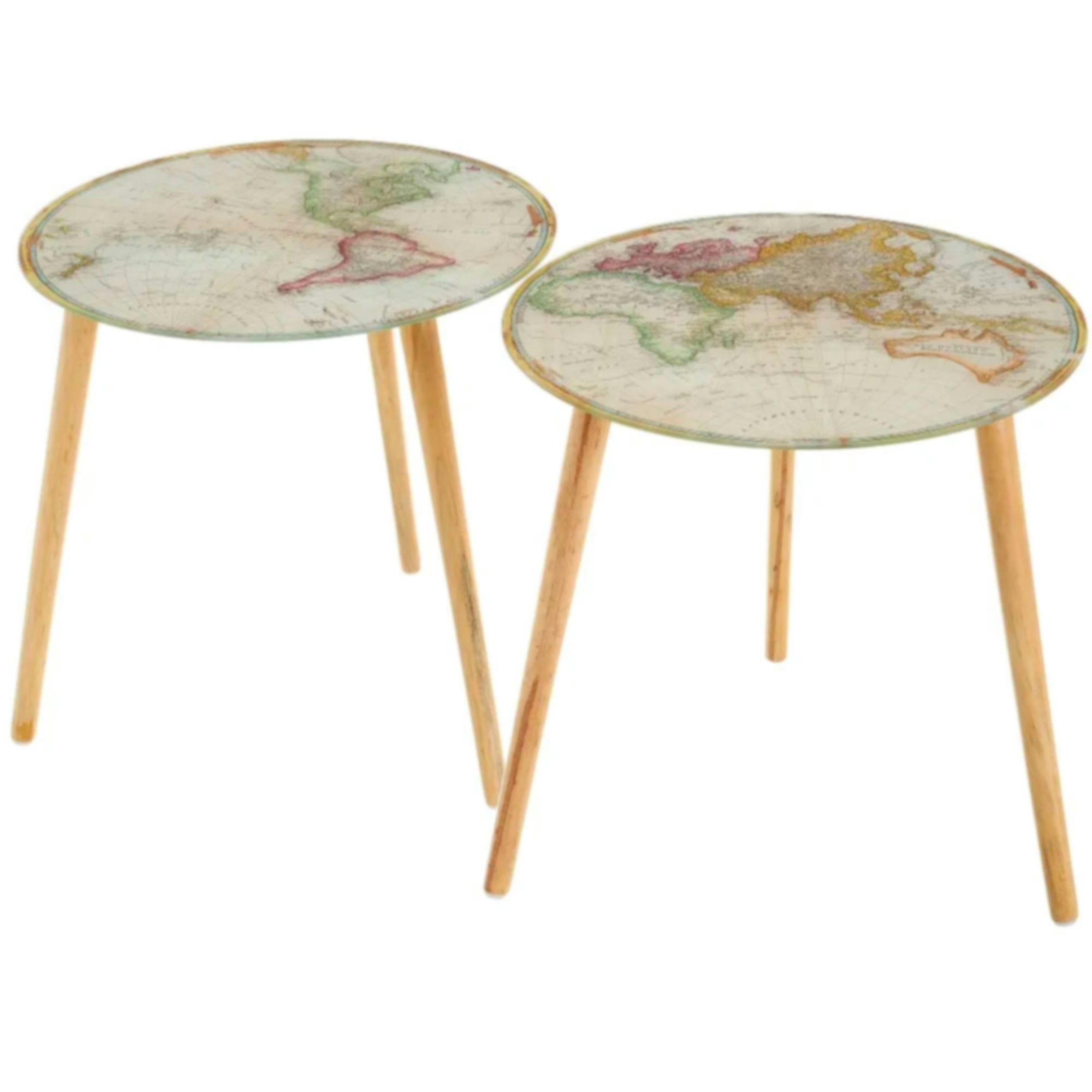 - Set de 2 tables d'appoint en bois et verre cartes du monde 40x40x40cm