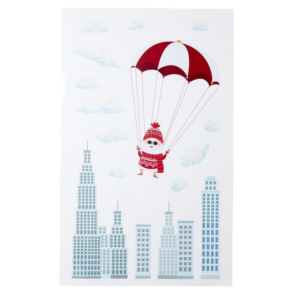 Déco fenêtre électrostatique Père No&euml;l en parachute L33x57 cm