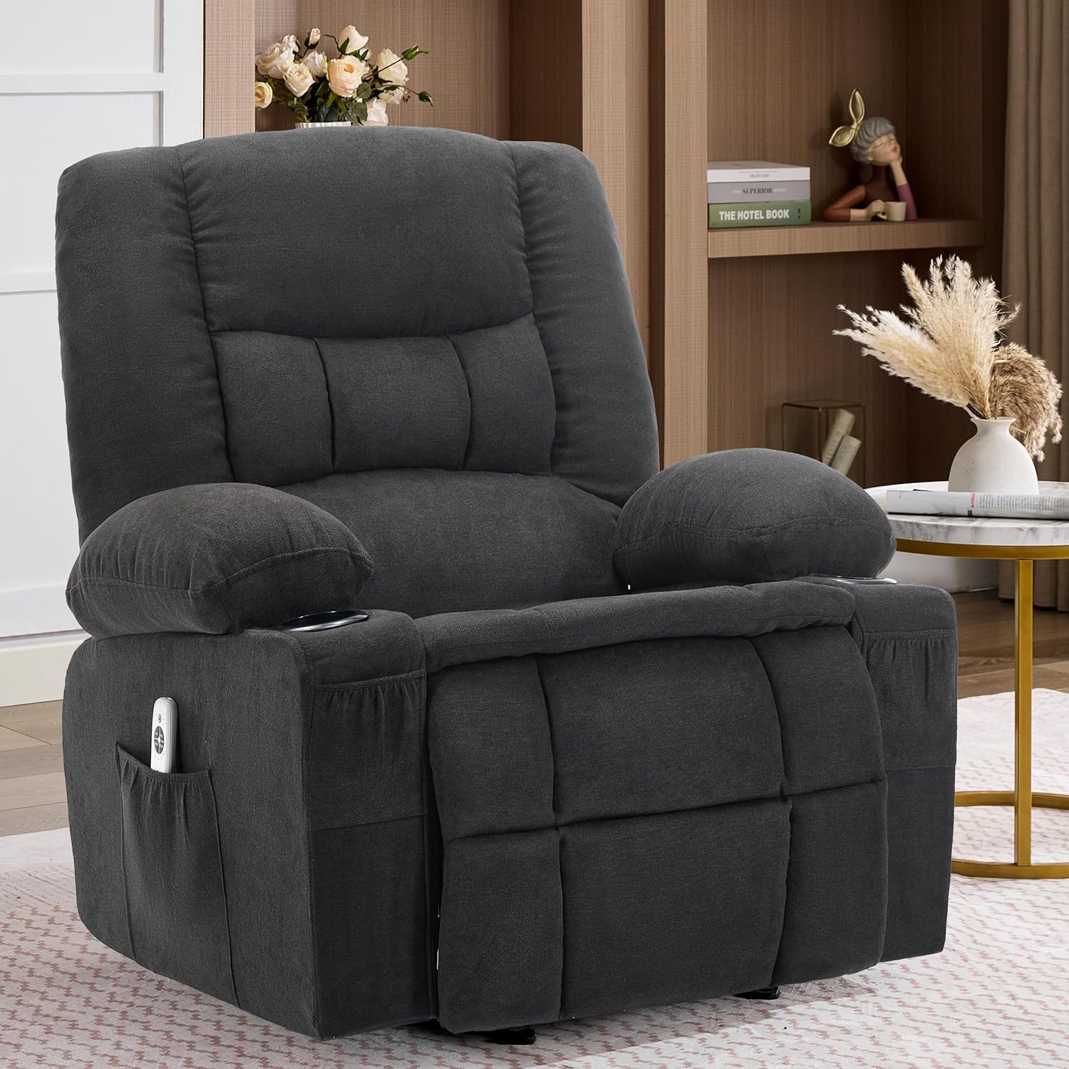 Rocker Recliner Chair with Massage and Heat, Nursery Rocking Chairs for Living Room, Recliner Chair for Adults, Ergonomic Comfy Relining Chair with Cup Holders, USB Charge Port, Side Pockets, Black