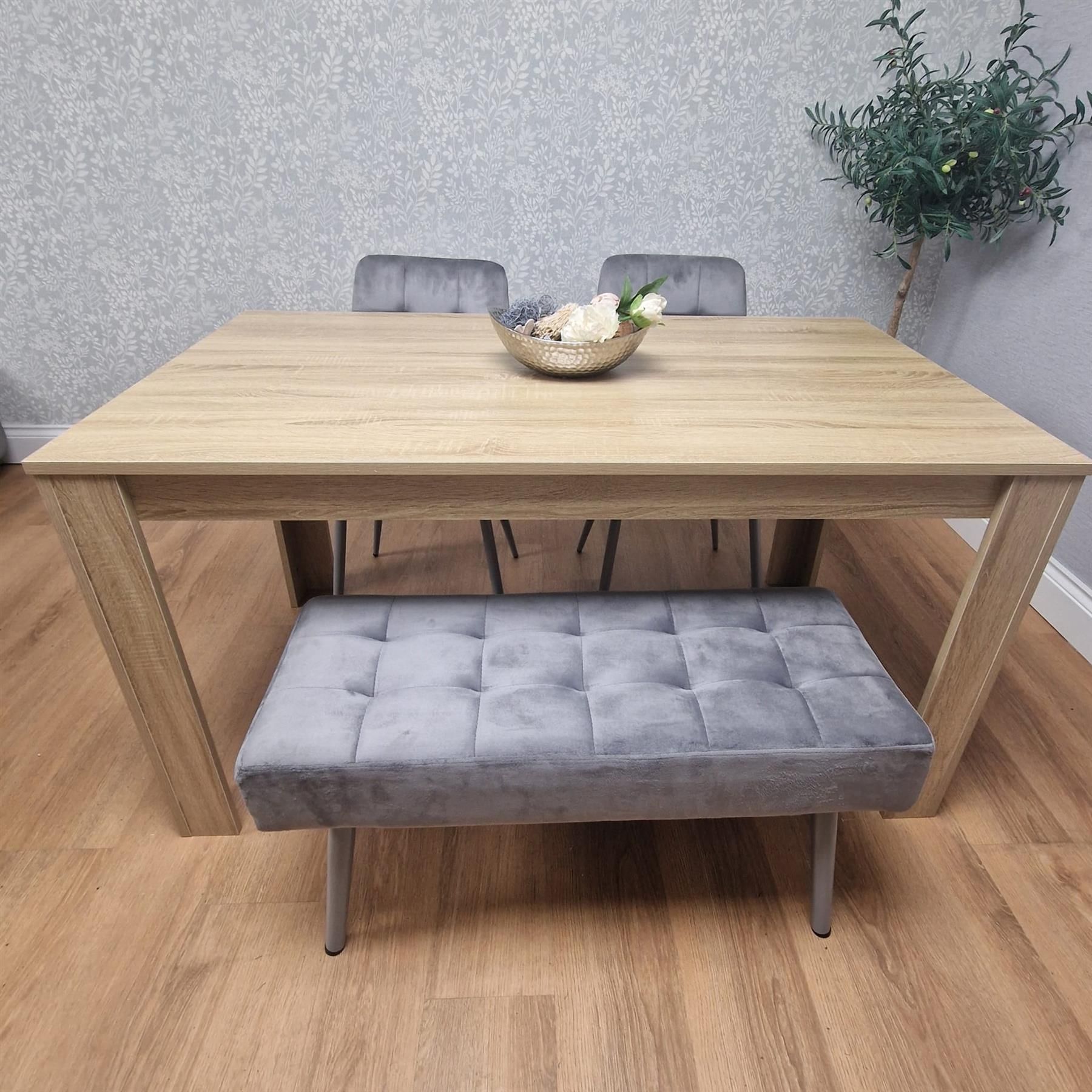 KOSY KOALA Dining Table Set Oak Effect Table With 2 Grey Velvet Dining Chairs And 1 Grey Bench