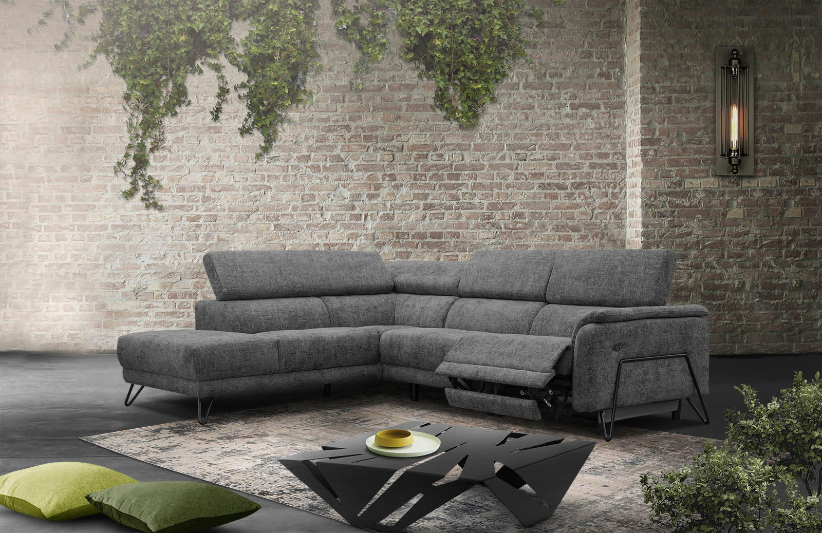 RODEN - Canapé d'angle gauche 5 places avec relax électrique tissu graphite