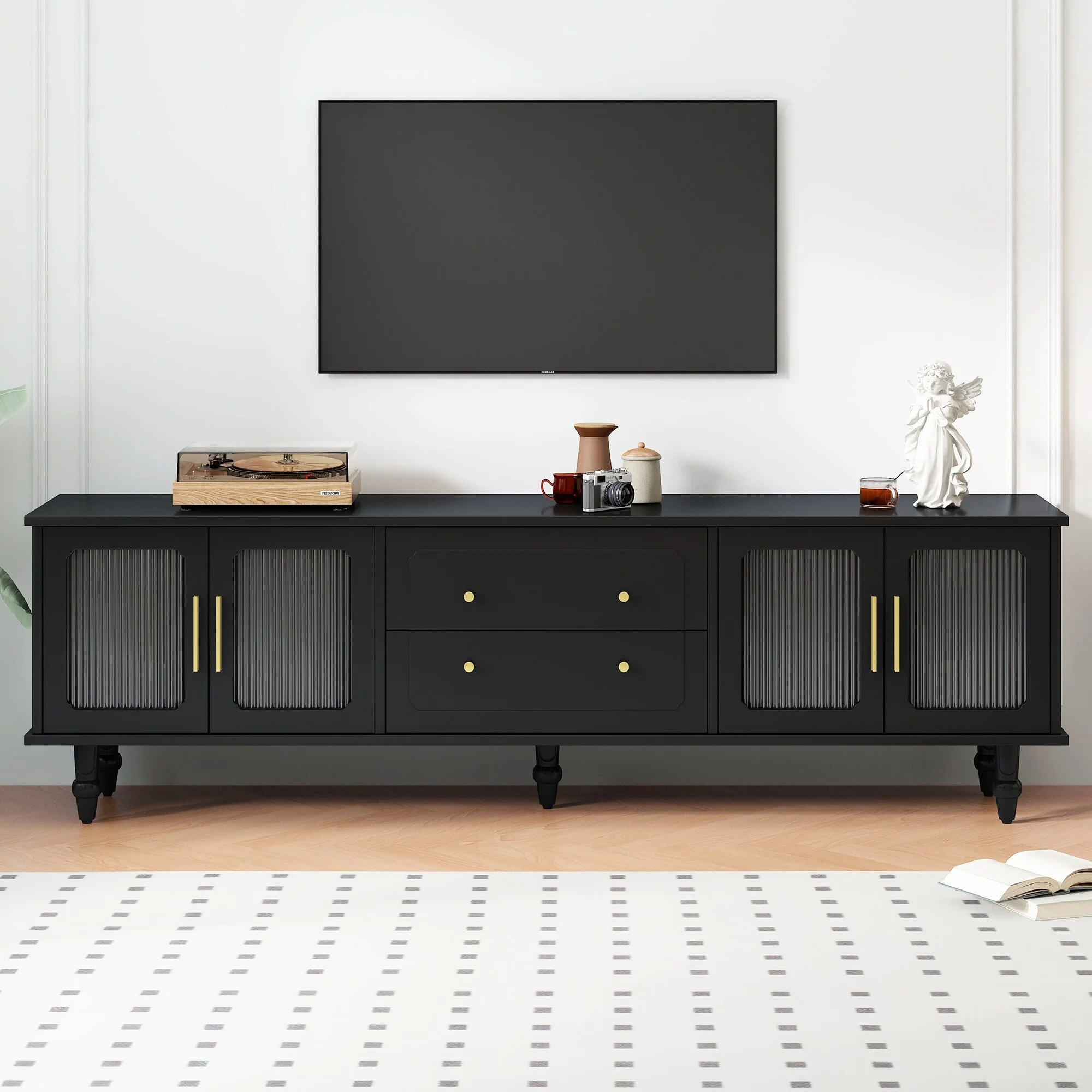 TV Stand for TV up to 75, 69.6 Media Cabinet with Gold Metal Handle, Media, Console Table with Wood Legs for Living Room