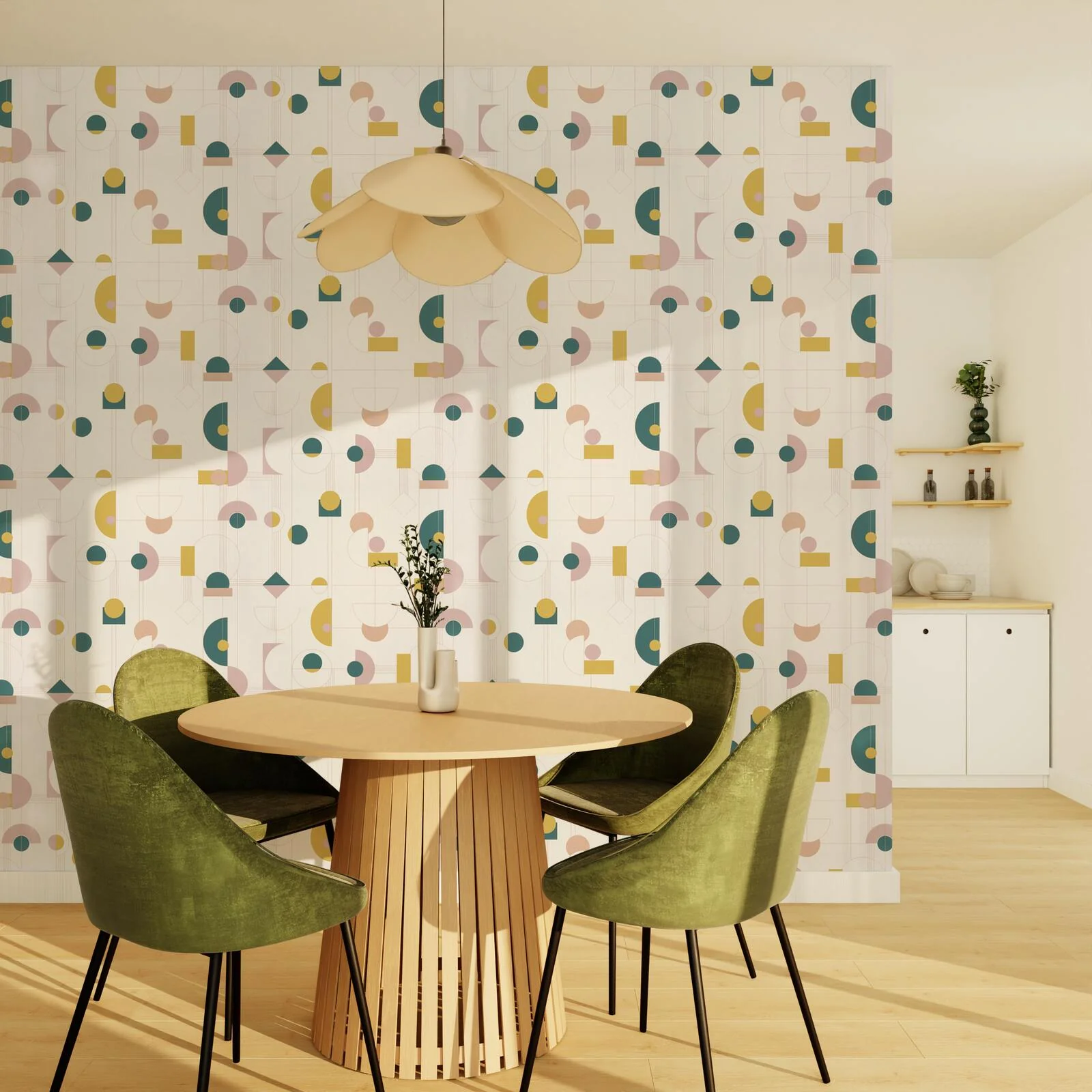 Papier peint intissé NOLA rose clair, jaune et bleu pétrole