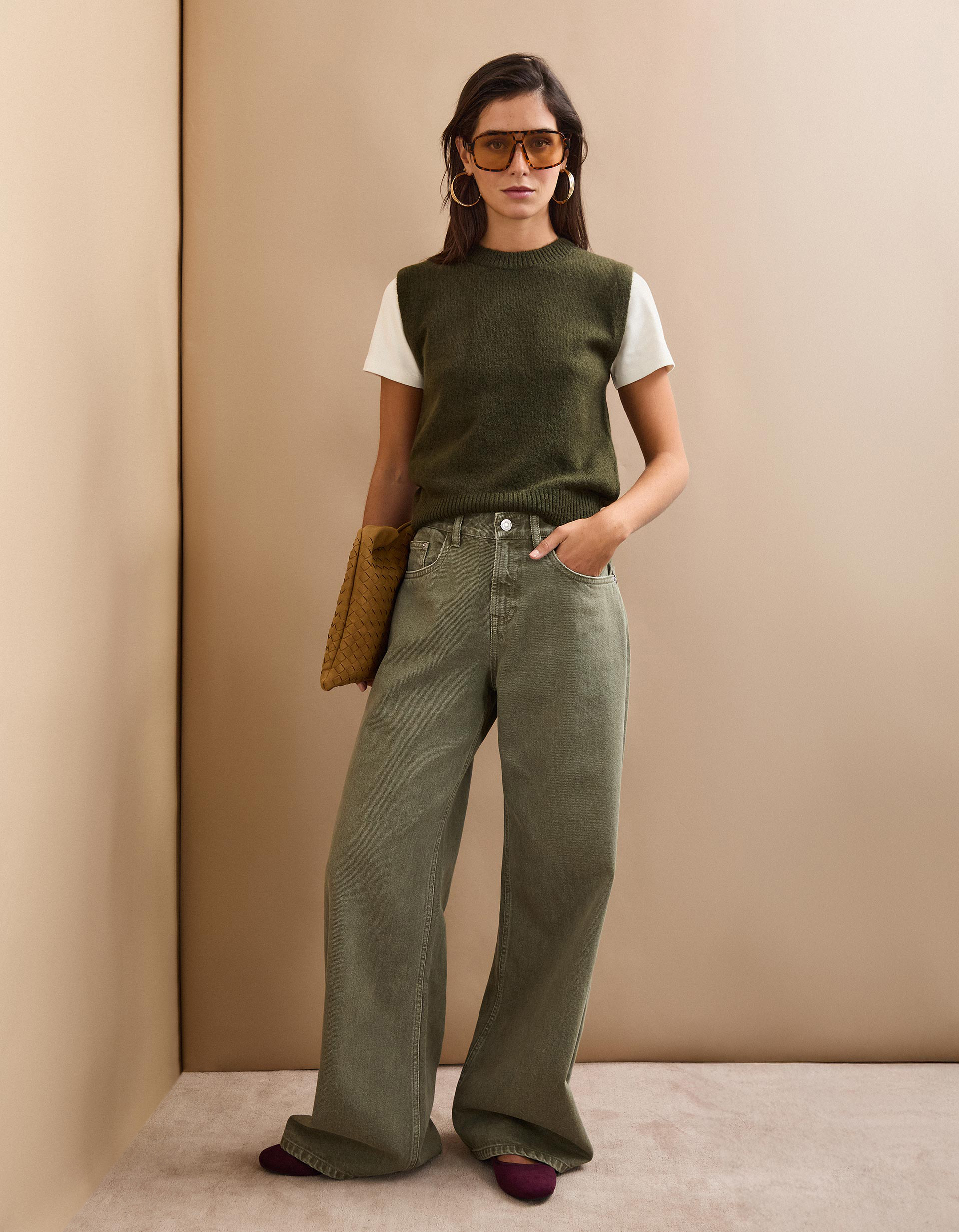 Calças de Ganga 'Wide Leg', Mulher, Verde Escuro