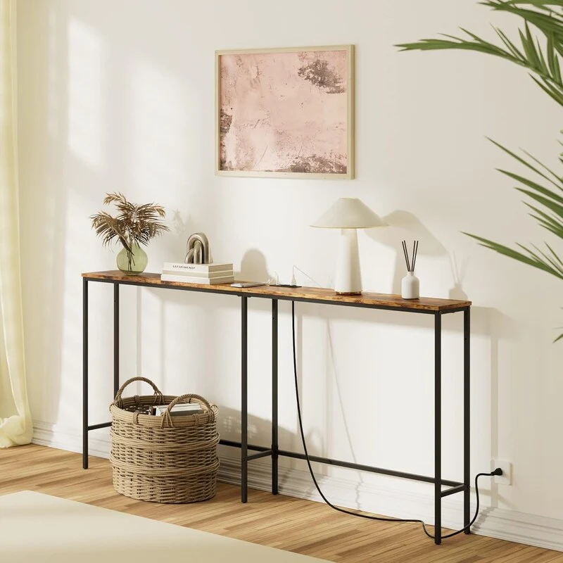 71-Inch Dresser with Electrical Outlet, Sofa Postmodern Narrow Long Sofa Table, Metal Frame Slim Entryway Table
