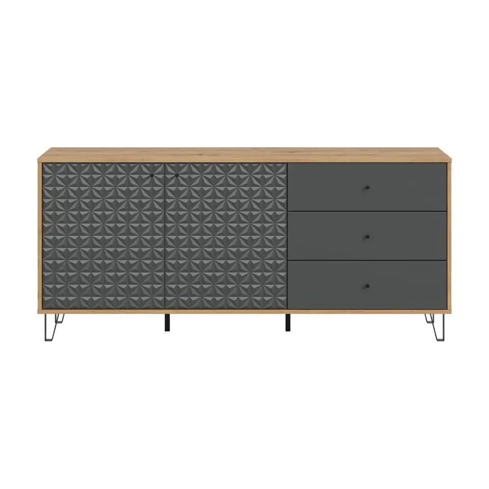 Hioshop Prisma dressoir 3 laden- 2 deuren eik decor- mat grijs