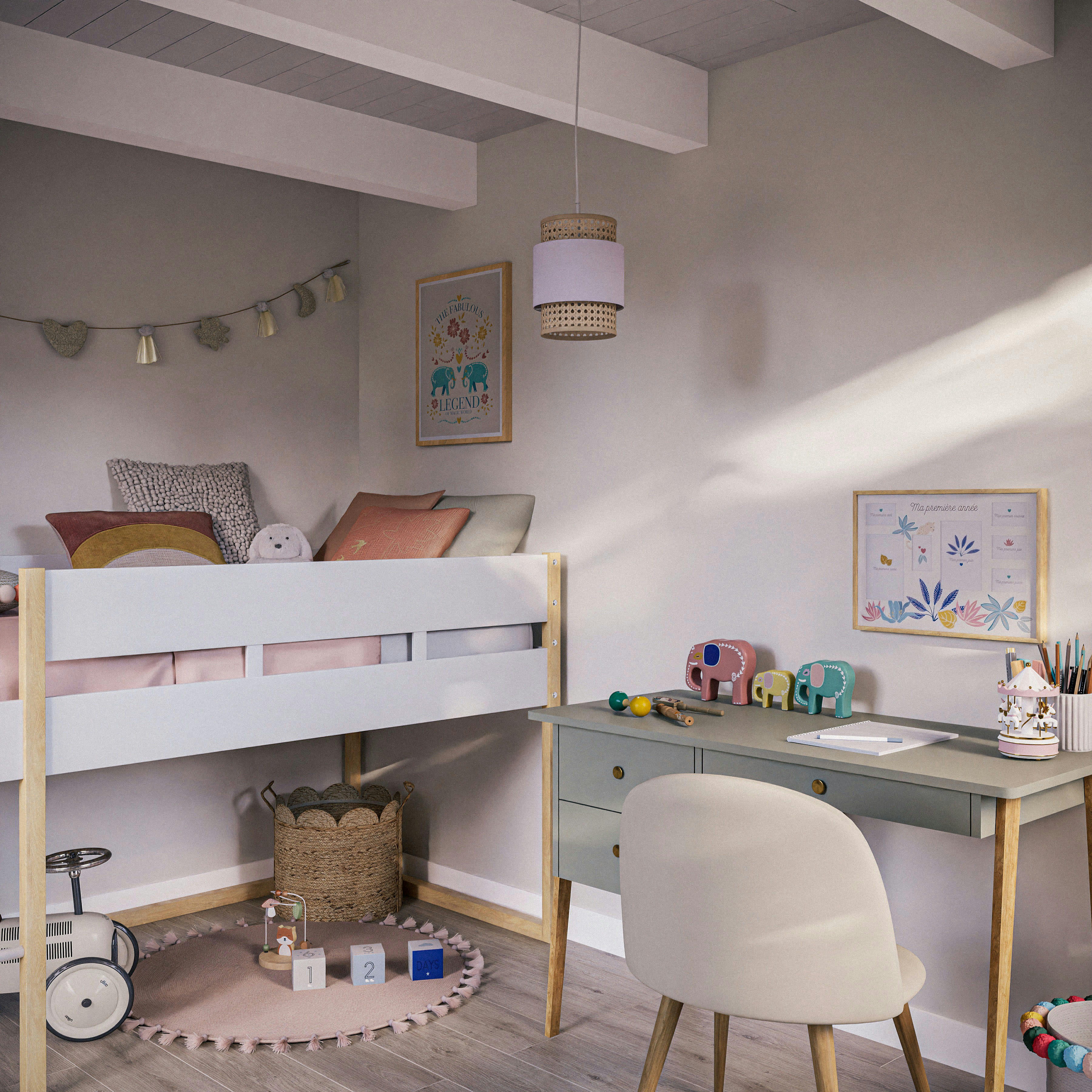 - Mini suspension en rotin et en tissu rose